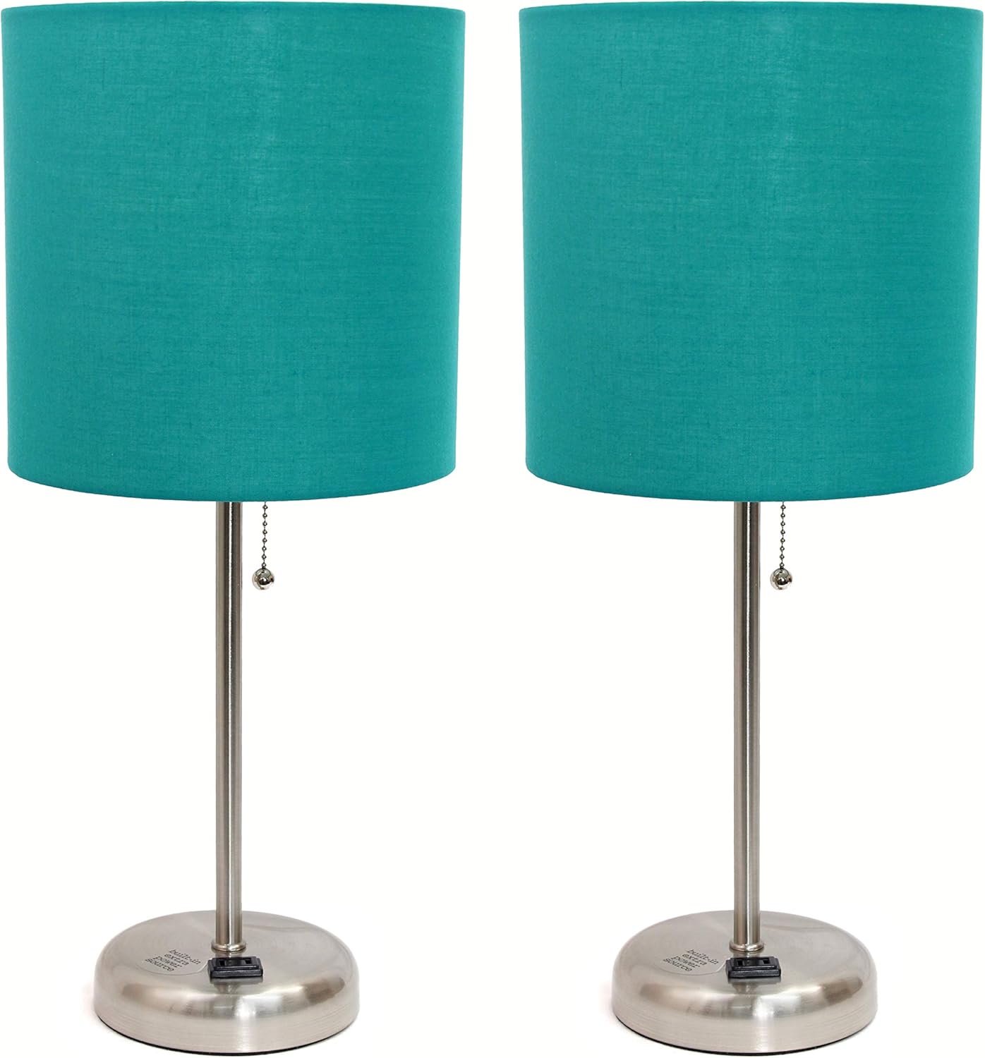Simple Designs LC2001-TEL-2PK Brushed Steel Stick Table Lamp Set with Charging Outlet and Teal Fabric Shades, 2 Pack Set