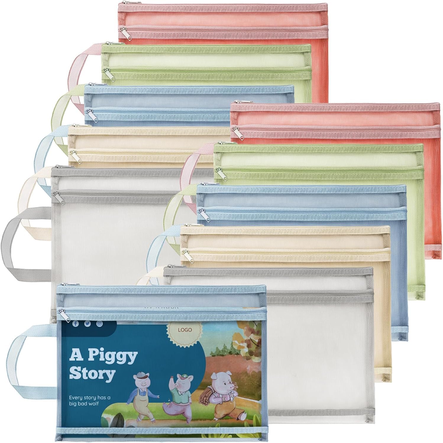 3 Pack Mesh Zipper Pouch Bags, Double-Layer Nylon Mesh Bags with Handle, Portable Puzzle Building Block Sets Toy Storage Bags, Colored A4 Document Storage Organizer for School Office Games-image-17