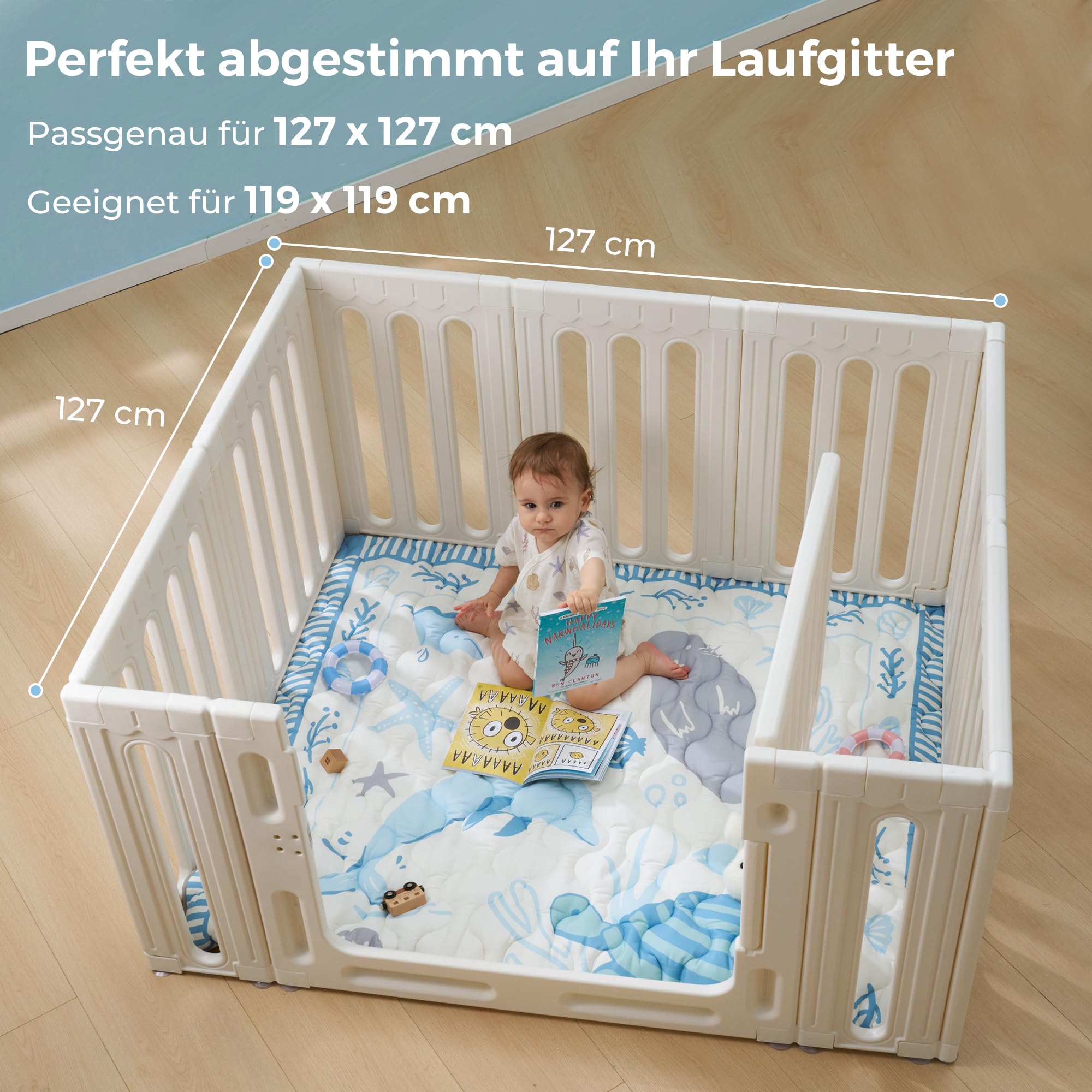 Momcozy Spielmatte Baby für den Boden, 127x127 cm verdickte Krabbeldecke, Spielunterlage für Baby Bauchzeit, wasserabweisend & rutschfest, Spielmatte Baby faltbar Outdoor mit Tragegriff, Ozean