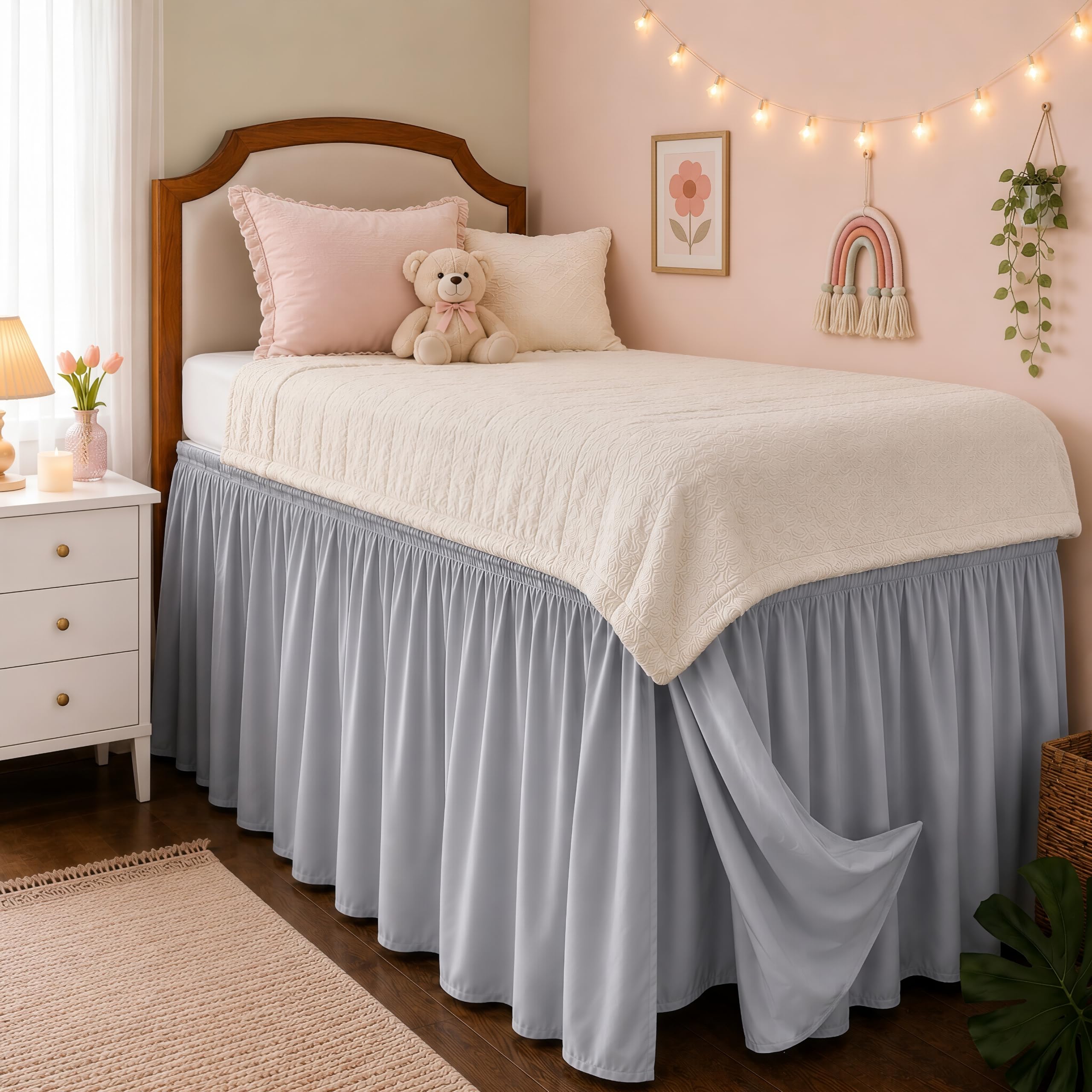 College Dorm Bed Skirt Twin XL 42" Drop, Slit Corner Bedskirt, Ice Grey