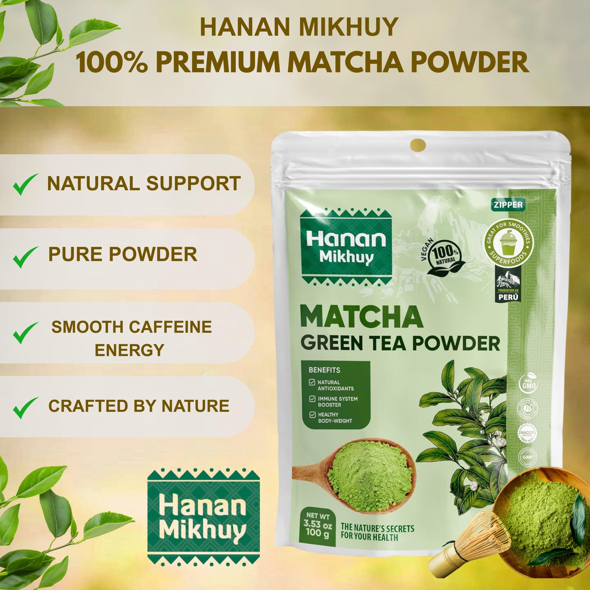 Hanan Mikhuy Matcha Green Tea Powder 100g - 100 Natural T Verde Molido - Vegan Non-GMO Gluten-Free - — view 2