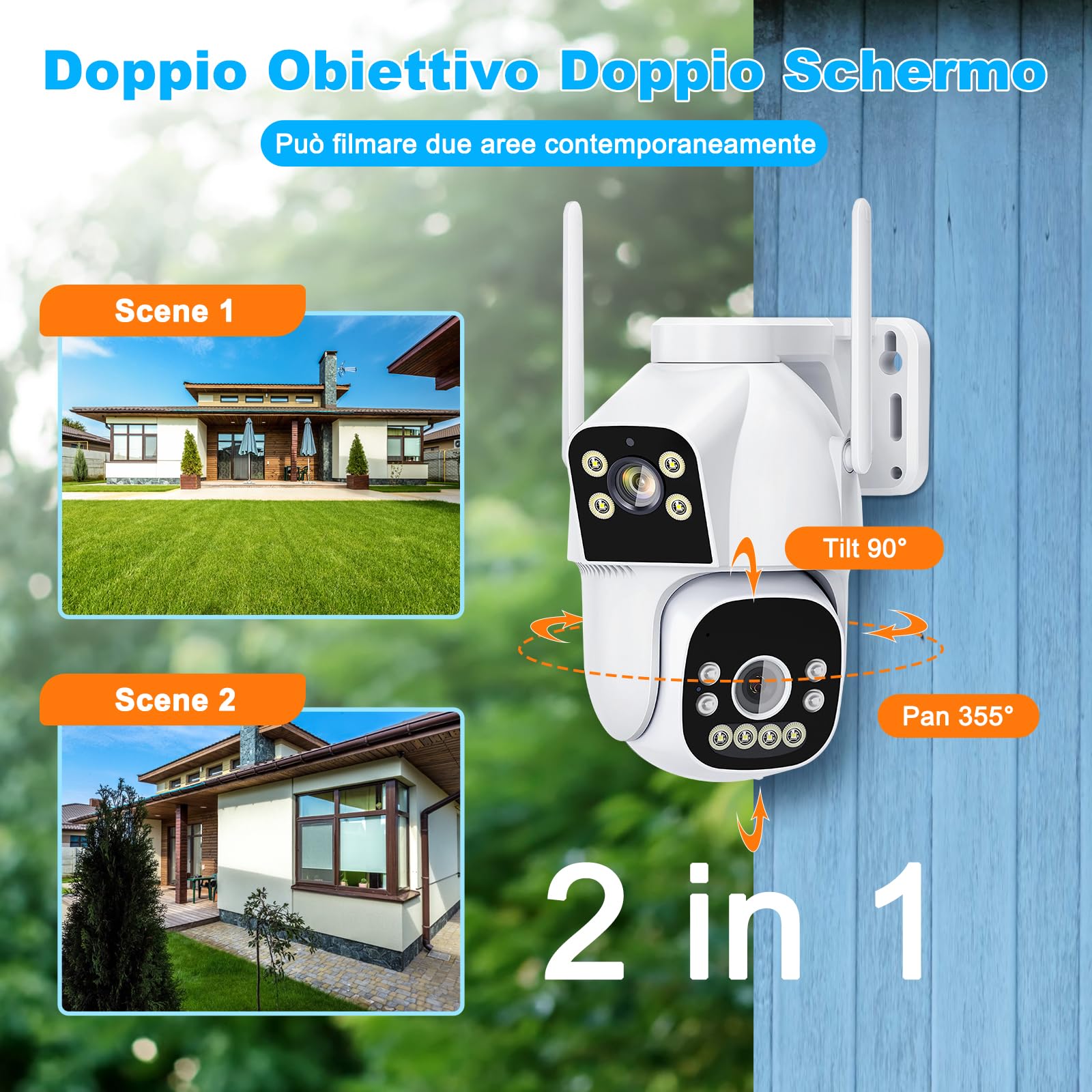 2MP+2MP Telecamera Wi-Fi Esterno, 2.4GHZ/5GHZ PTZ Videocamera Sorveglianza Esterno con Doppia Lente,FHD Tracciamento Automatico, Visione Notturna a Colori, Audio Bidirezionale, IP66 (HD)