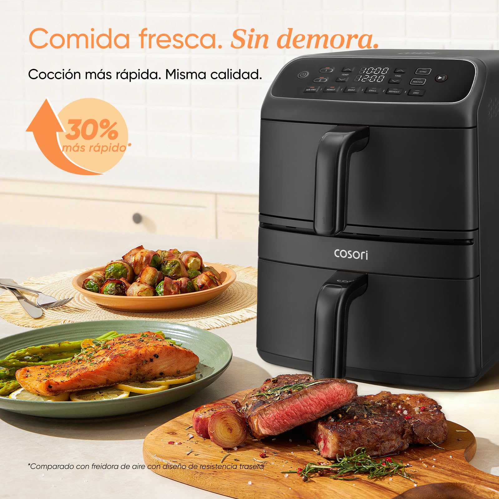 Cosori Air Fryer Turbo Tower Compacto 8,6 Litros, Freidora de Aire con Revestimiento Cerámico sin PFAS ni Teflon, Airfryer de Doble Cesta Vertical con Turbo Blaze, 6 Funciones, Recetas en App, 2600W