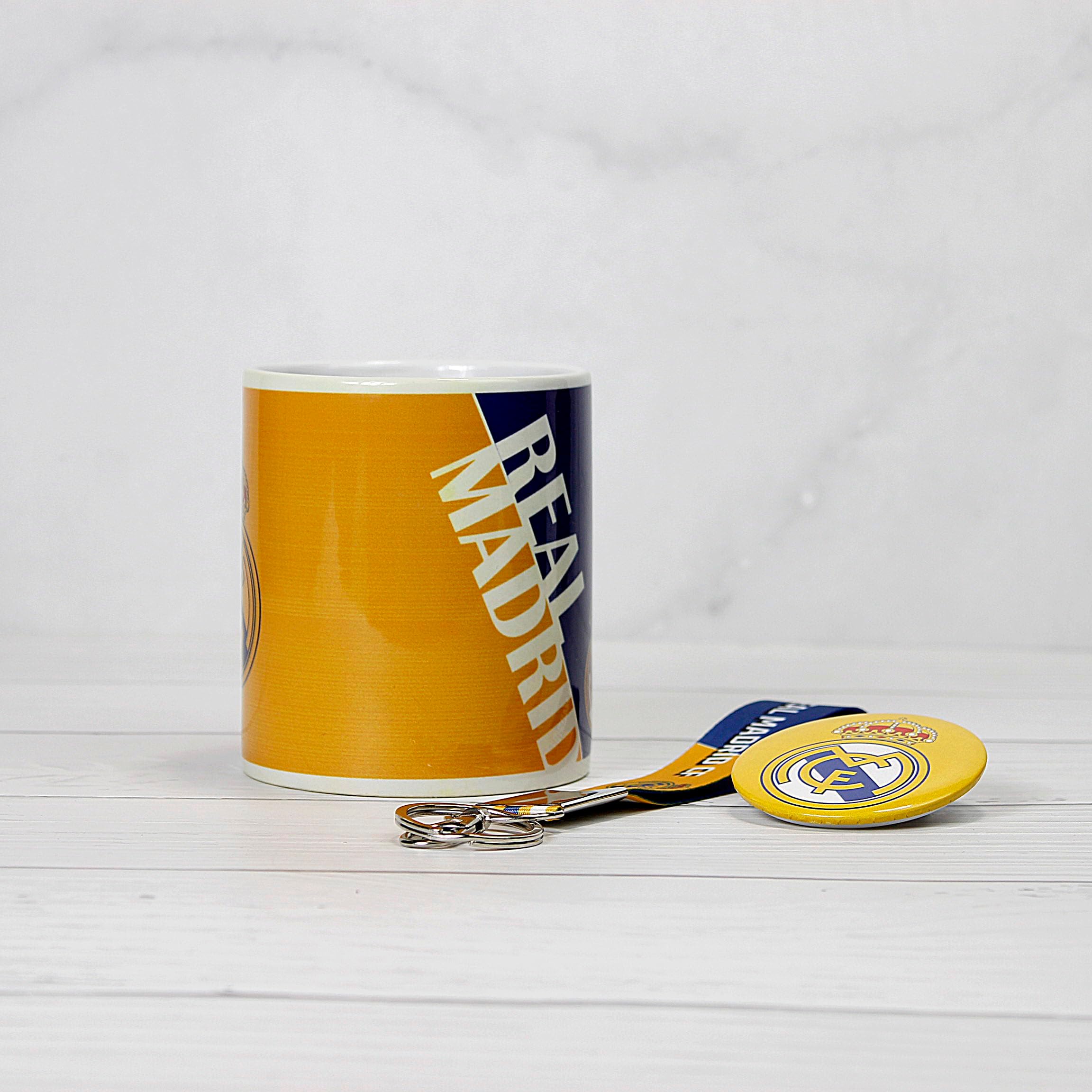SMIZE Real Madrid Gift Set : Ceramic Coffee Mug, Keychain, Badge Set, Microwave & Freezer Safe, Gift for Real Madrid Fan, The Ultimate Fan Collection