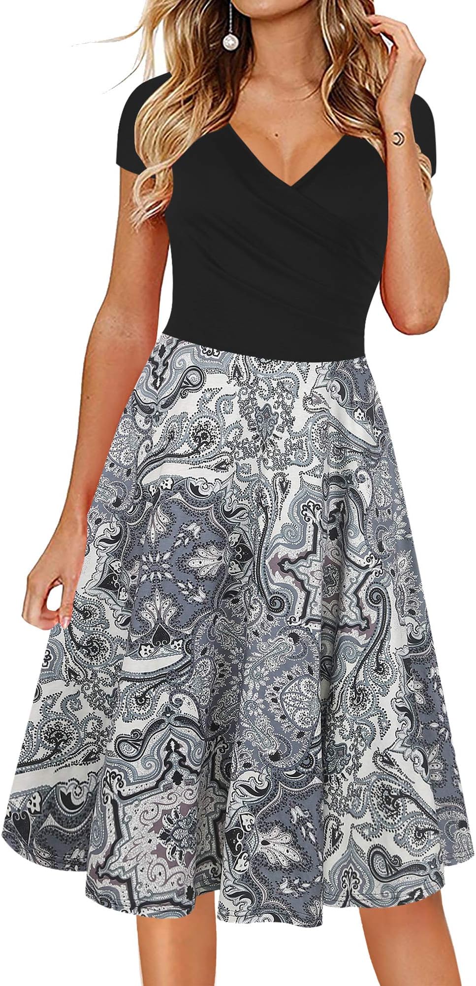 oxiuly Women's V-Neck Cap Sleeve Floral Casual Work Stretch Swing Dress OX233 (M, Black WP)