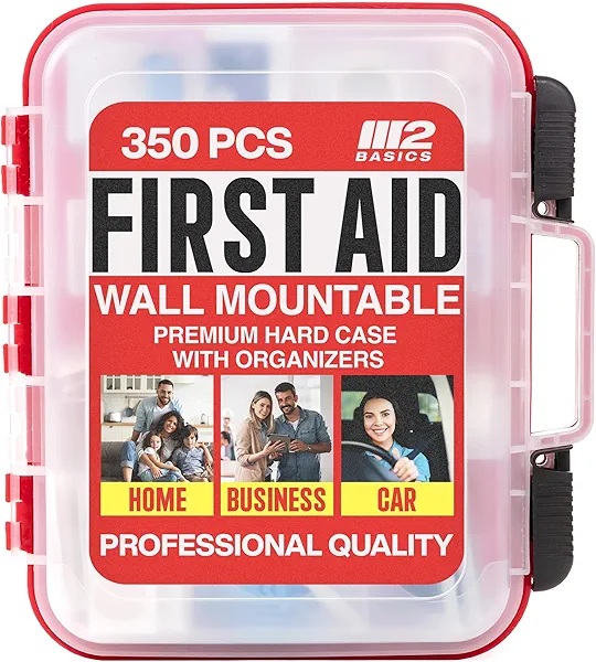 Professional 350-Piece First Aid Kit – M2 BASICS First Aid Kit for Car, Home, Office, Business & Vehicles – Organized Dual-Layer Wall-Mountable Hard Case, Emergency Medical, OSHA Workplace Safety