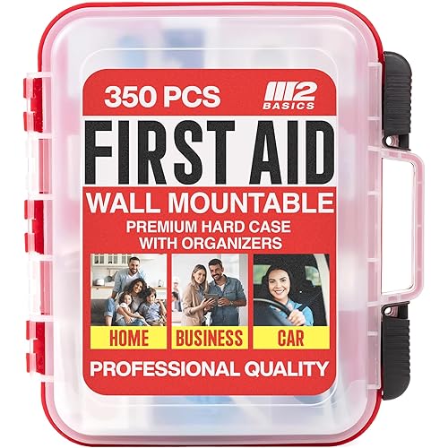 M2 BASICS Professional 350-Piece First Aid Kit – First Aid Kit for Car, Home, Office, Business & Vehicles – Organized Dual-Layer Wall-Mountable Hard Case, Emergency Medical, OSHA Workplace Safety