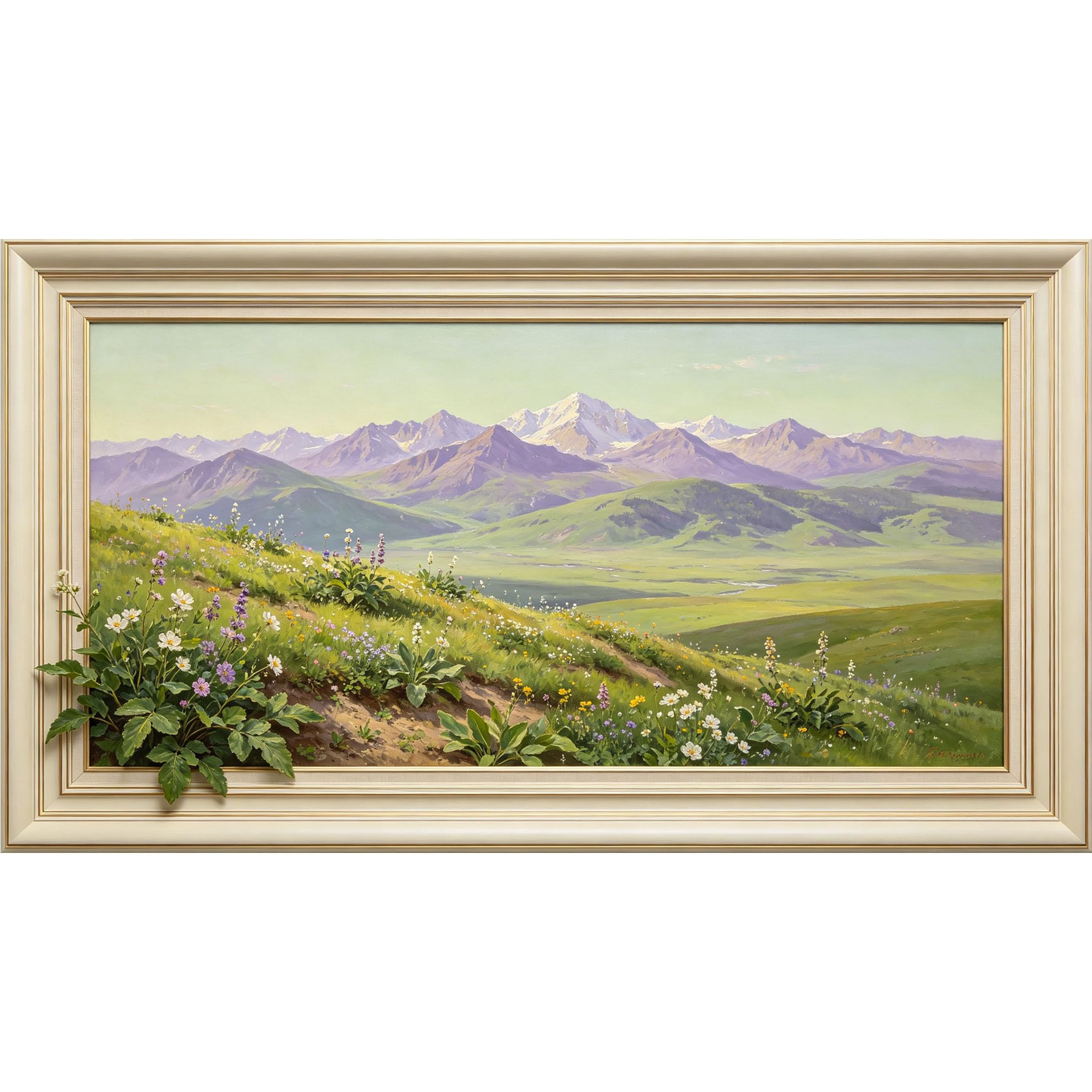 QZLITHOTIC 50×100cm 3D Framed Wall Art， Mountain Landscape Wildflower Meadow Self?Adhesive Mural， Water?Activated Peel & Stick Fabric Decor Wall Decal for Bedroom Living Room