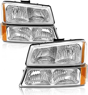 2003-2006 Silverado Headlight Assembly for 2003 2004 2005 2006 Chevy Silverado Avalanche 1500/2500/3500 Clear Lens Chrome Housing with Amber Reflector Headlamp