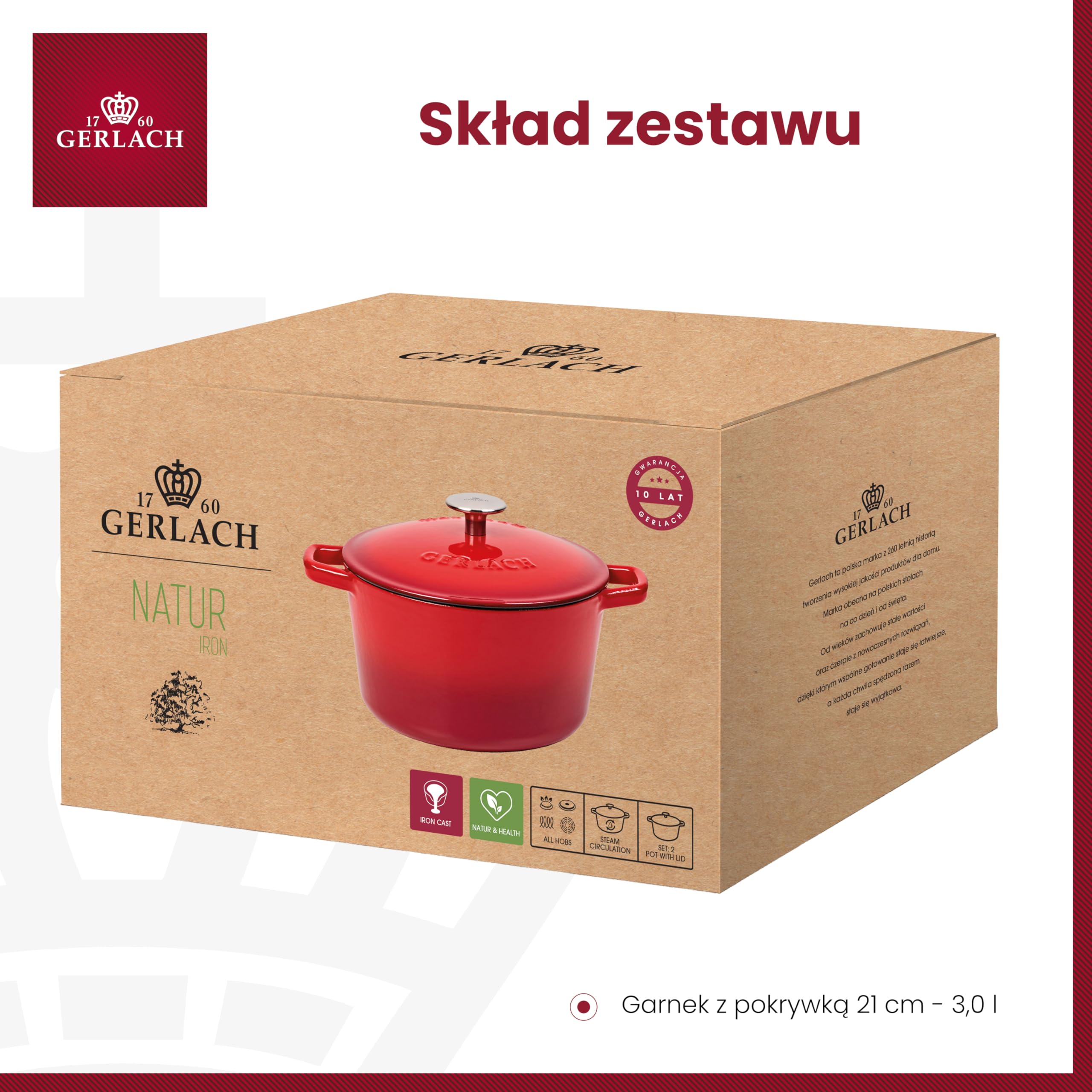 Gerlach 1760 Żeliwny Garnek Do Pieczenia Garnek Do Gotowania Smażenia Emaliowany Z Pokrywką 3 l Czerwony Natur Iron