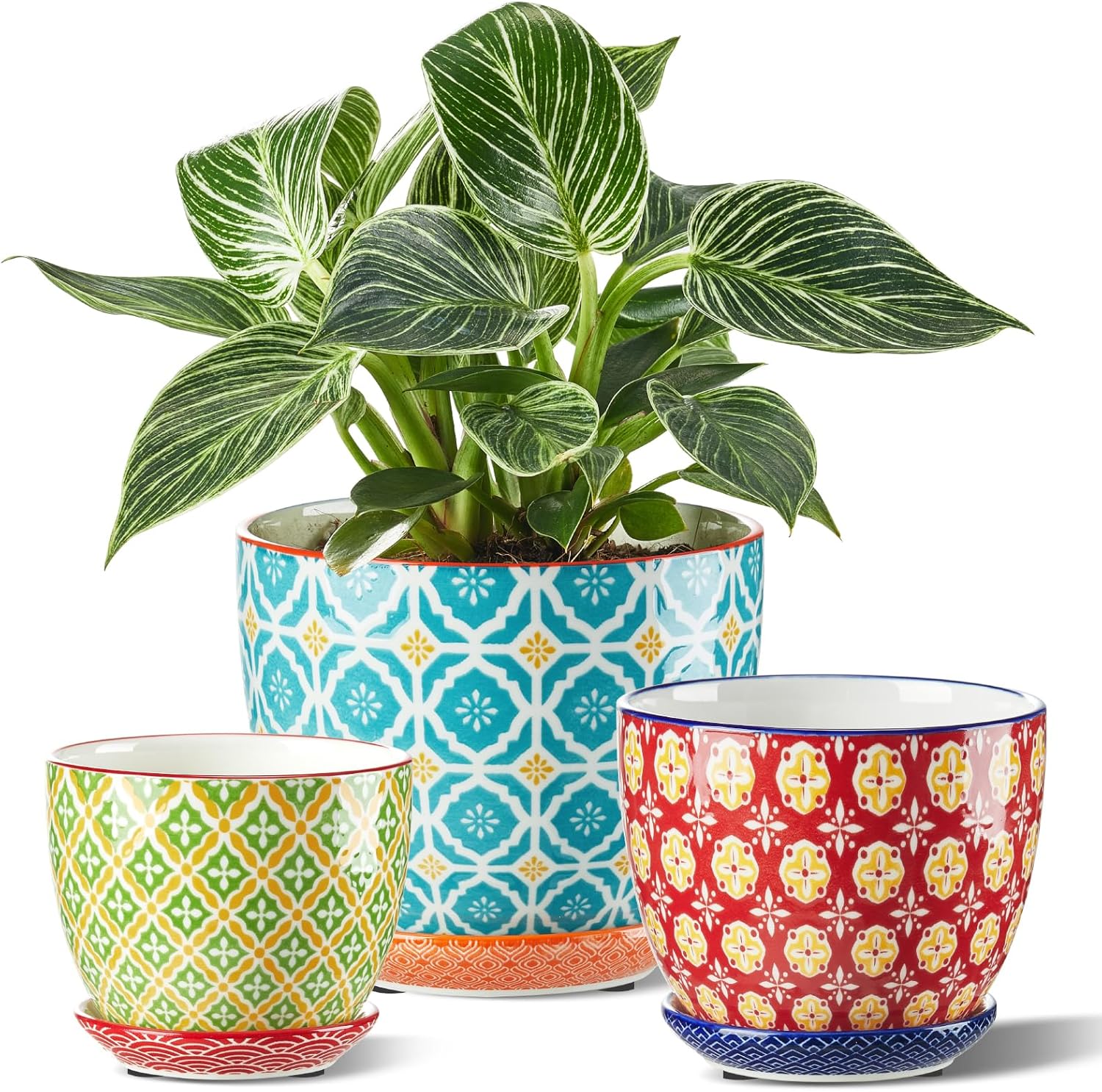 Metahom Ceramic Plant Pots, 3.8+4.9+5.8 Inch, Set of 3 Flower Pots with Drainage Hole & Saucer, Trio Planter Pots Set for House Plants, Home Decor, Vibrant Colors
