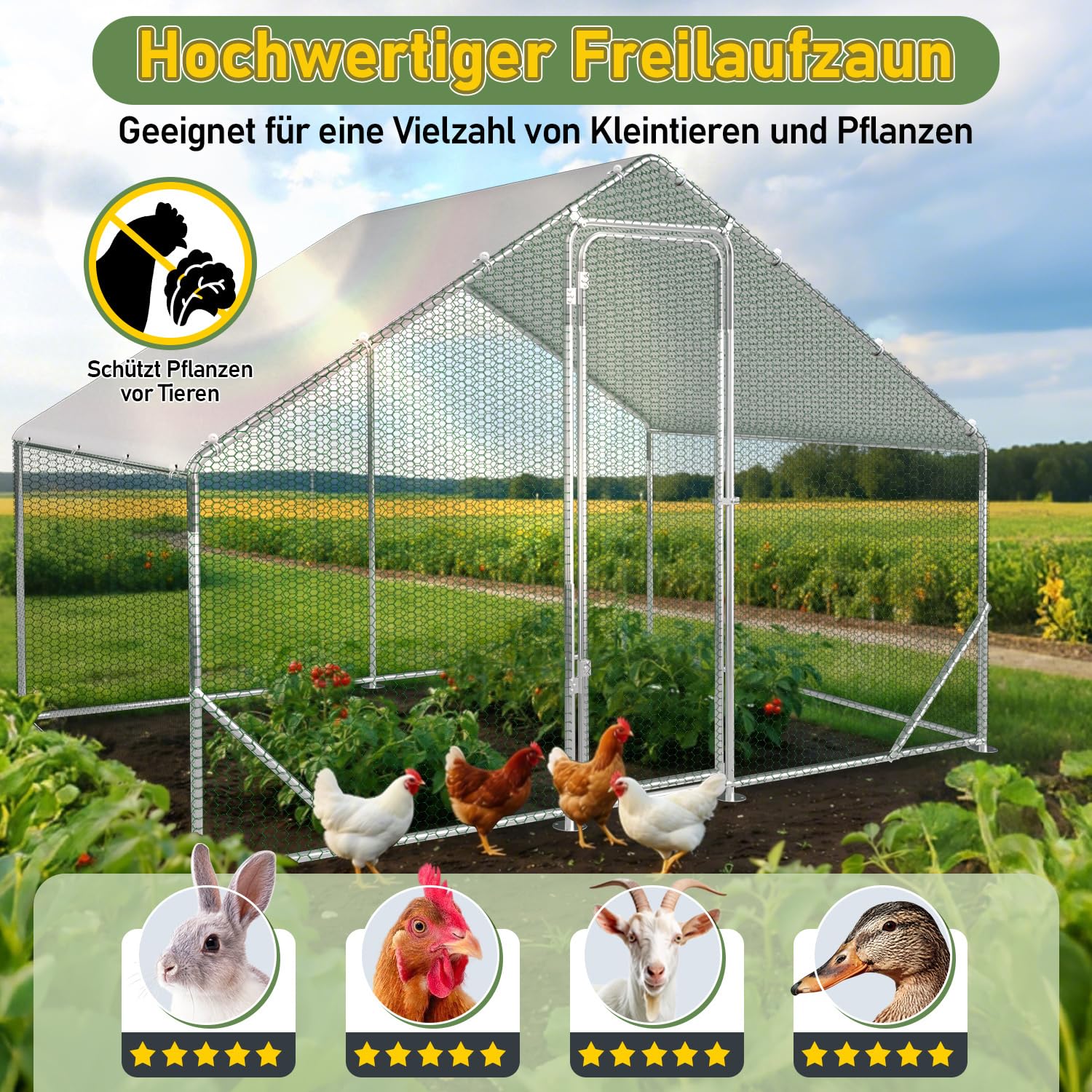 Gallinero de 3 x 2 x 2 m, de acero galvanizado, con puerta y cerrojo, para gallinas, conejos, gansos, palomas y codornices, recinto de metal con red