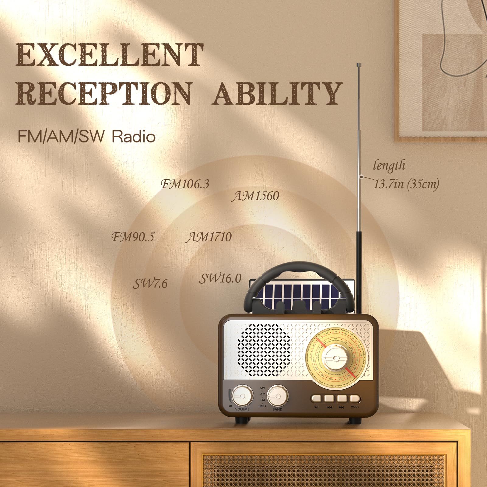 Radio Tragbar AM/FM/SW Outdoor Solar Retro Radio mit Bluetooth Lautsprecher Klein mit Stromkabel,Küchenradio Büro Handyständer Unterstützt USB/TF/AUX Funktion für Wandern Camping Geschenke für Männer