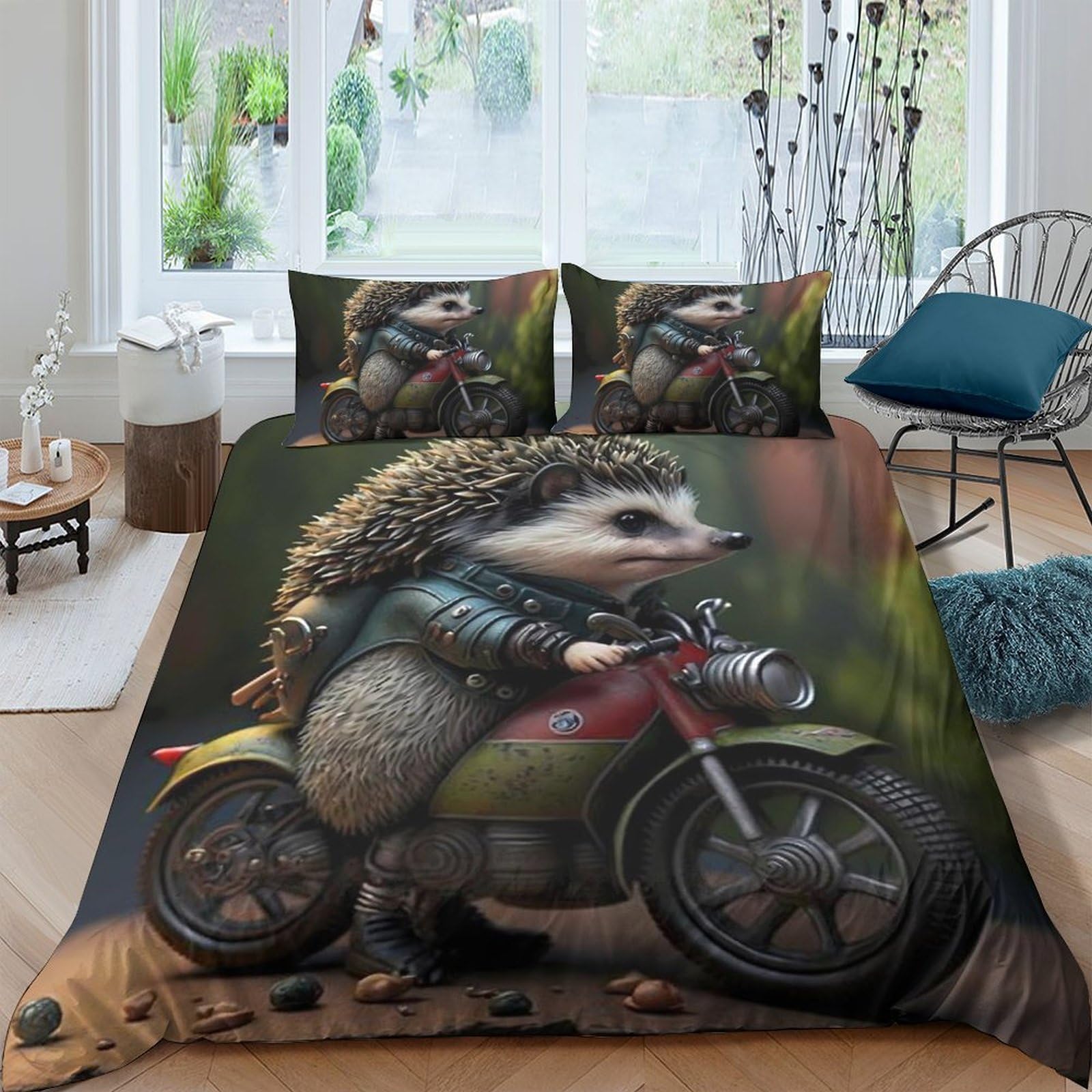 GPLZQXKJNH 3D Printed Hedgehog Motorcycle Duvet Cover Microfiber Soft Breathable Forest Animal Bedding Set with 2 Pillowcases for Bedroom Home Single（135x200cm）