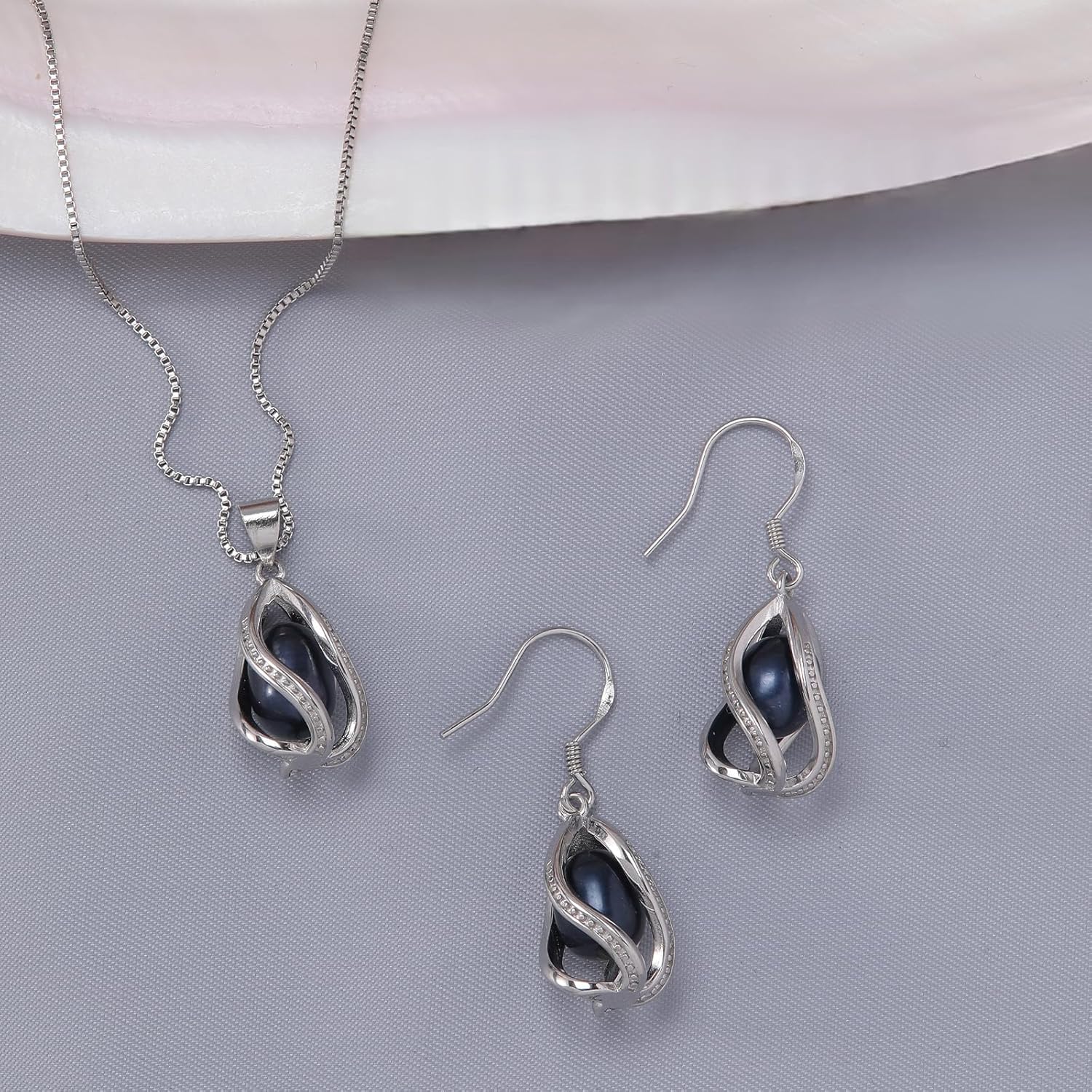 Pearl Jewelry Set For Women S925 Sterling Silver/14K Gold Plated Necklace & Earrings Set Freshwater Pearl Pendant Cage Set for Wedding Anniversary Prom Birthday Gift - Image 7