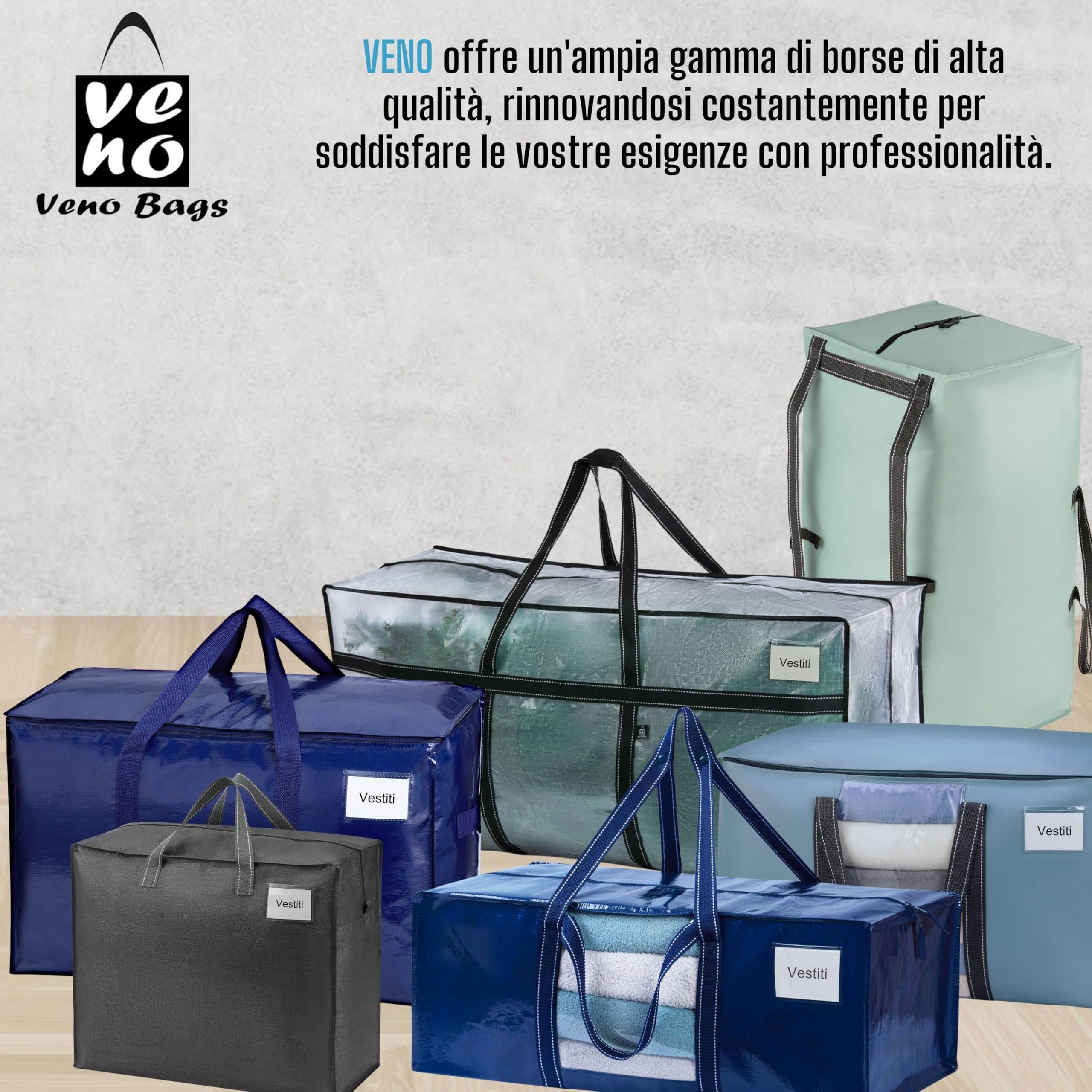 VENO Set da 4 Borse per traslochi extra grandi con cerniere e maniglie per il trasporto, scatole trasloco resistenti per risparmiare spazio (Azzurro, Set da 4)
