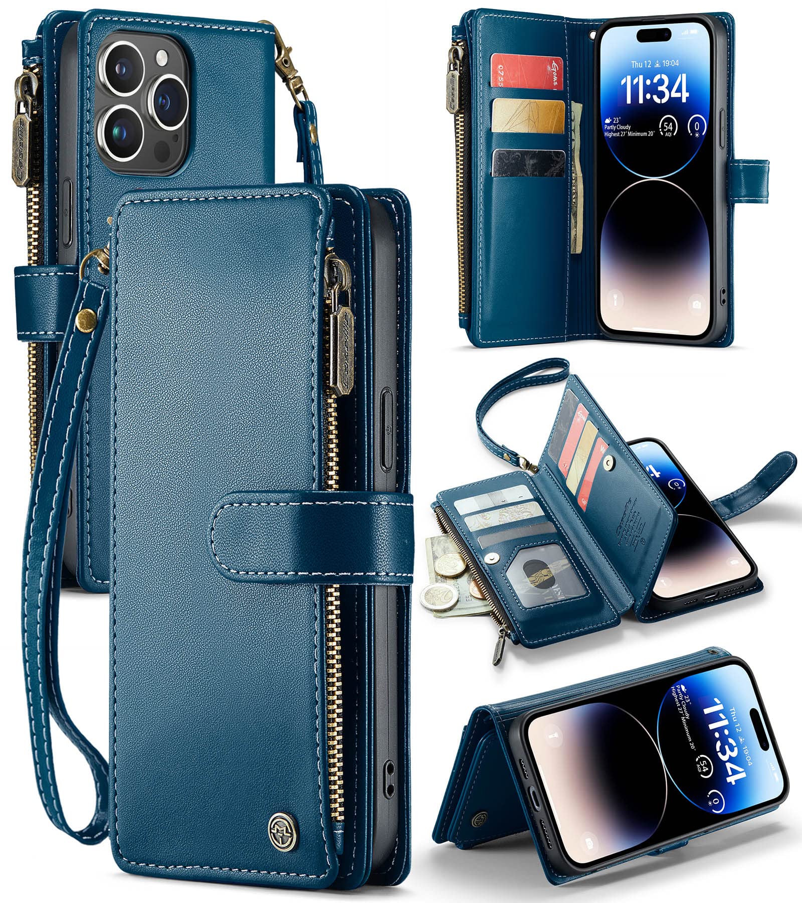 CaseMe iPhone 14 Pro Max Wallet Case, iPhone 14 Pro Max Case with Card Holder, iPhone 14 Pro Max Leather Case for Women Men, Premium iPhone 14 Pro Max Case with Kickstand Strap Zipper, Blue
