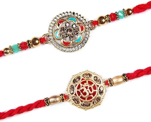 ARTISENIA Om Rakhi Juego de 2 Rakhi para hermano con tarjeta de felicitación Raksha Bandhan Roli Chawal Tika - Raksha Bandhan Designer Kundan Rakhi