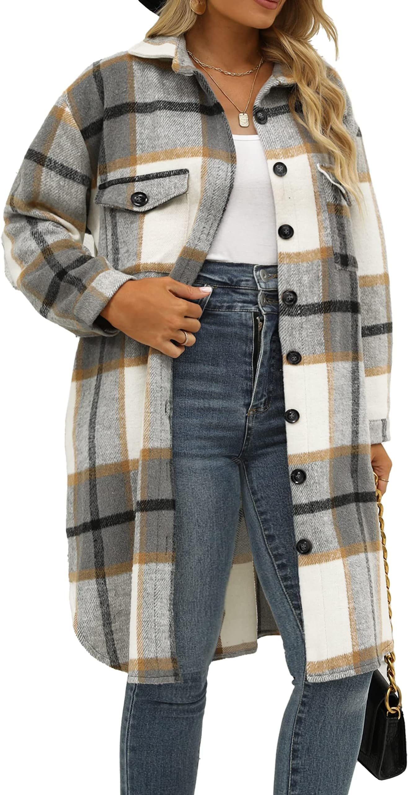 IN'VOLANDPlus Size Flannel Plaid Shirts Button Down Tartan Long Jacket Shacket for Women Long Sleeve Lounge Lapel Thin Coat