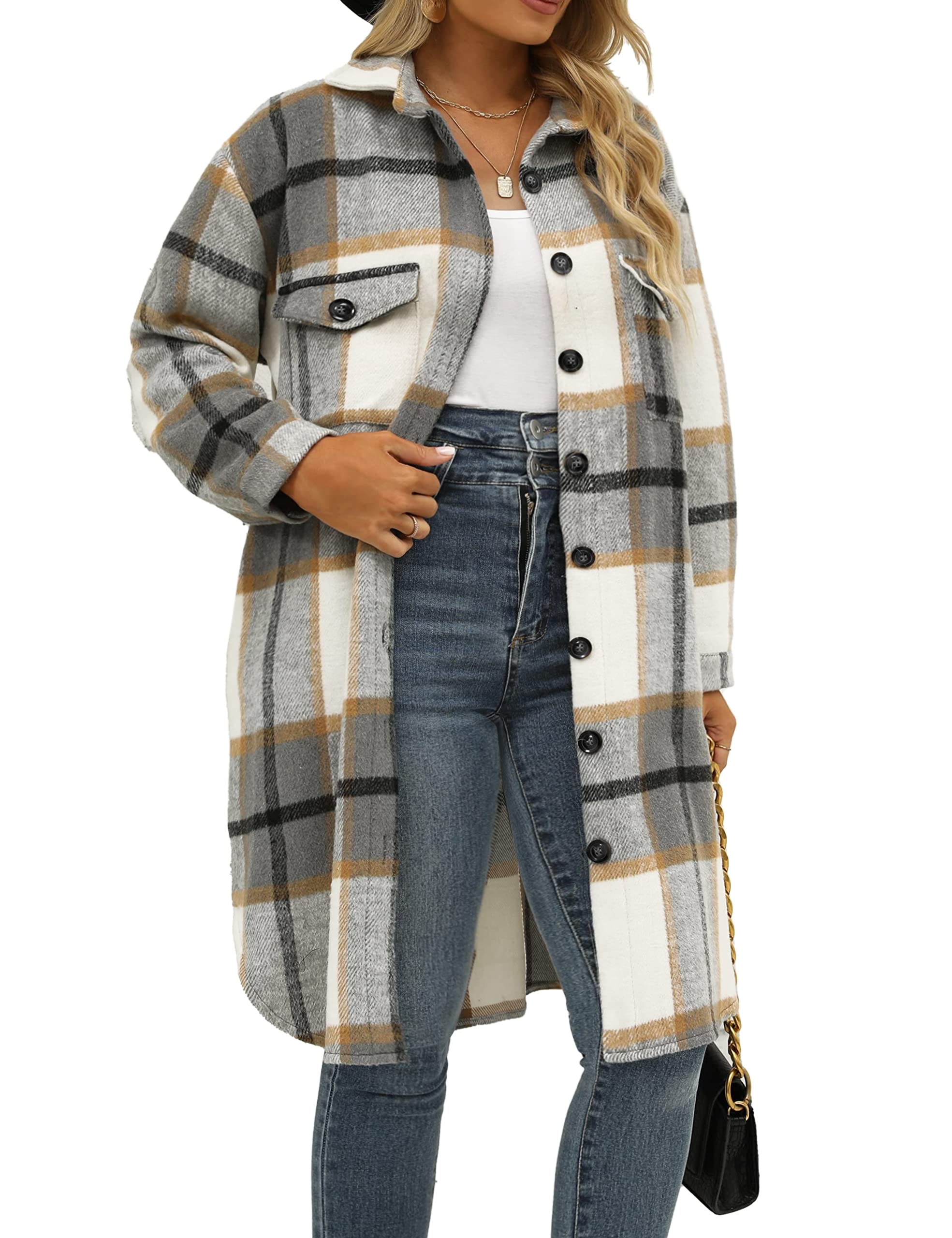 IN'VOLANDPlus Size Flannel Plaid Shirts Button Down Tartan Long Jacket Shacket for Women Long Sleeve Lounge Lapel Thin Coat