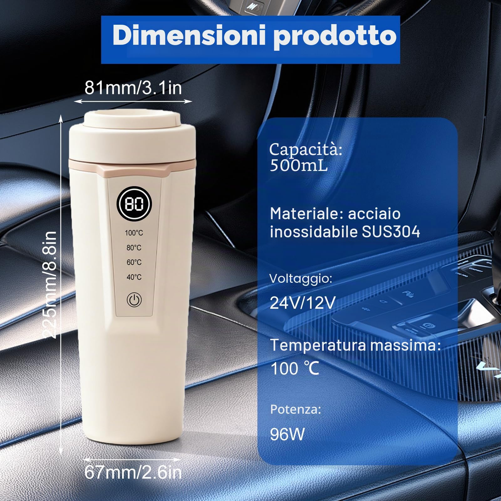Bollitore da viaggio, 500 ml, bollitore da viaggio, 12 V/24 V, per auto, 96 W, tazza riscaldata per auto, 4 temperature per campeggio, preparazione di tè, caffè