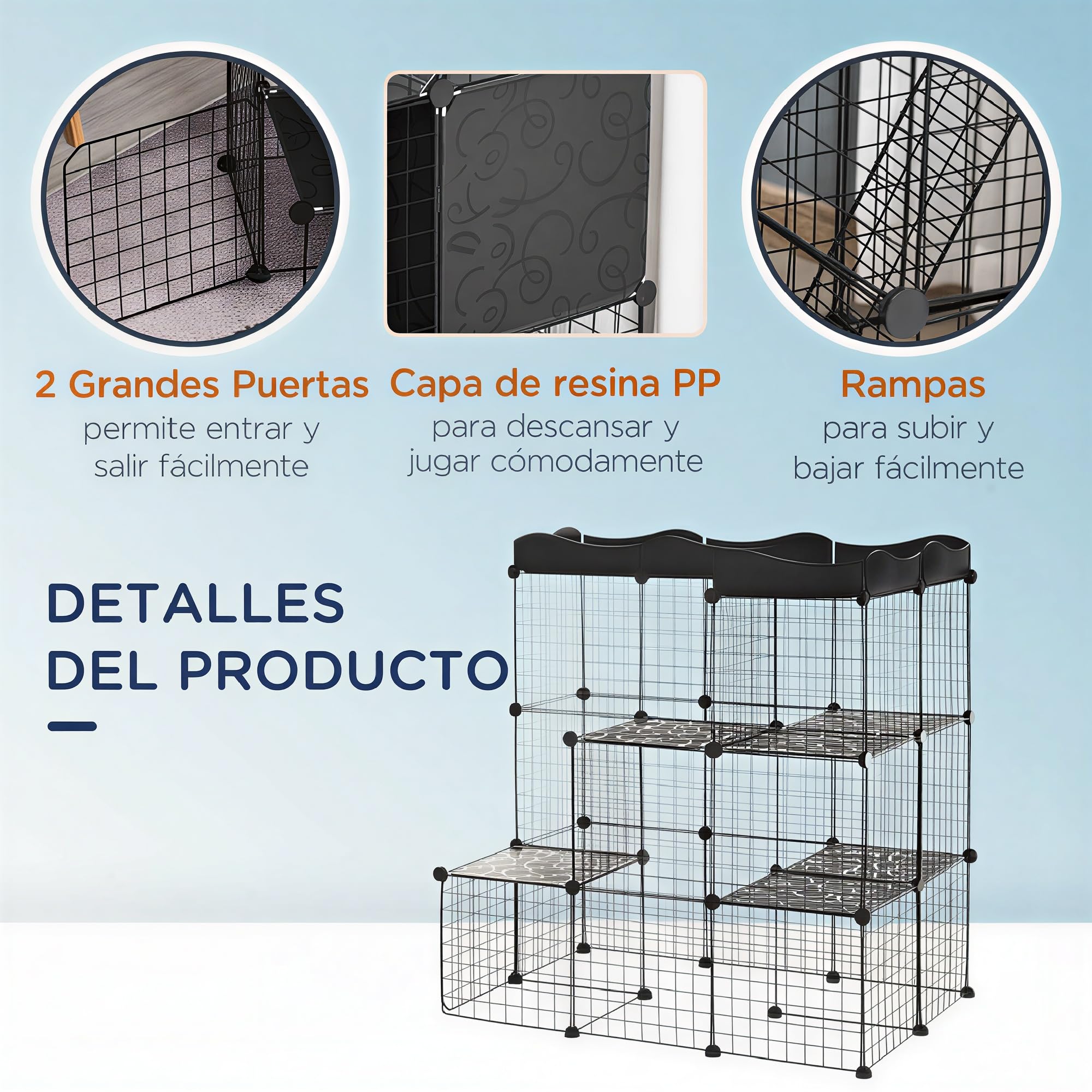 PawHut Jaula para Animales Pequeños 40 Paneles DIY 105x70x116 cm Negro | Parque para Mascotas, Valla Metálica, para Conejos Cobayas Gatito