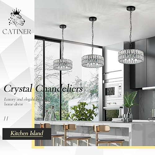 Miniatura 3 de Lámpara Colgante de Cristal de 4 Luces Araña Moderna Negra Pequeña de 12" Cristal Semi Empotrada Luz de Techo Redonda para Isla de Cocina,