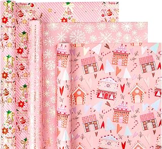 WRAPAHOLIC Christmas Wrapping Paper Roll - Mini Roll - 3 Rolls - 17 Inch X 120 Inch Per Roll - Pink Christmas tree, House, Snowflake Holiday Collection