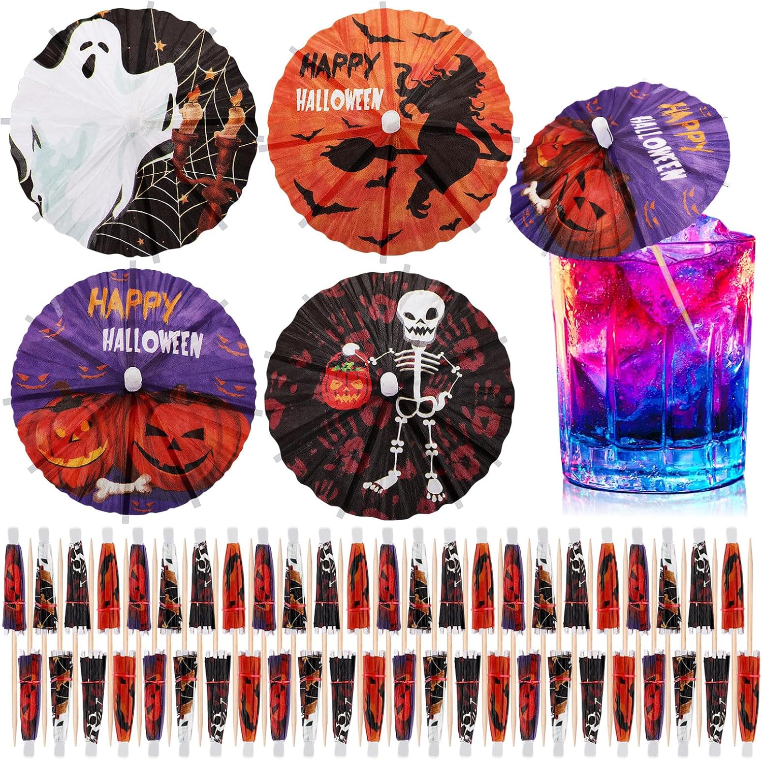 Vesici 200 Pcs Halloween Drink Umbrellas Cocktail Picks, 4 Inch Cocktail Toothpicks Appetizer Bamboo Parasol Picks for Drinks Cupcake Topper Halloween Party Restaurant Decorations (Pumpkin and Ghost)