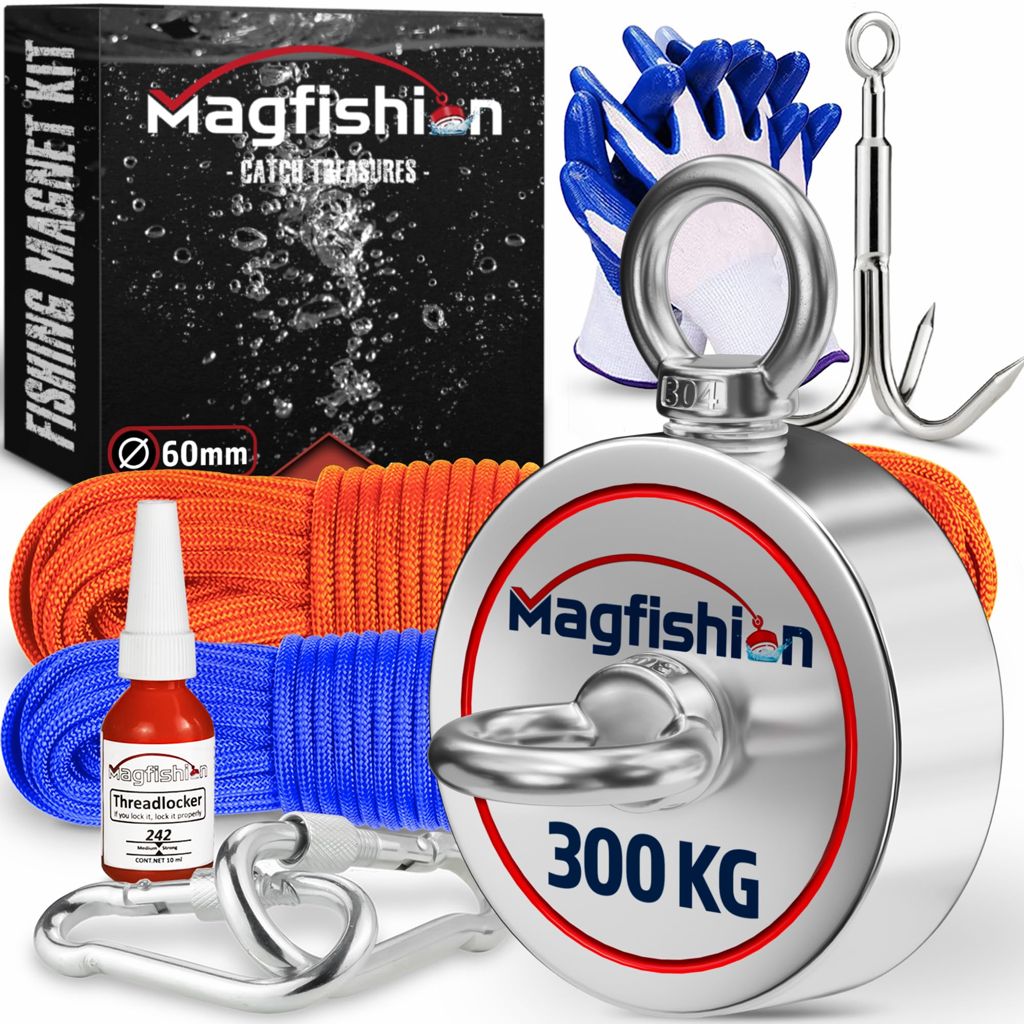 MAGFISHION Aimant Neodyme Puissant - Traction de 150KG - Aimant de Pêche - Ø60mm - Peche a l'aimant avec 2 Cordes, Crochet Triple et Gants - Kit de Pêche Super Magnétique