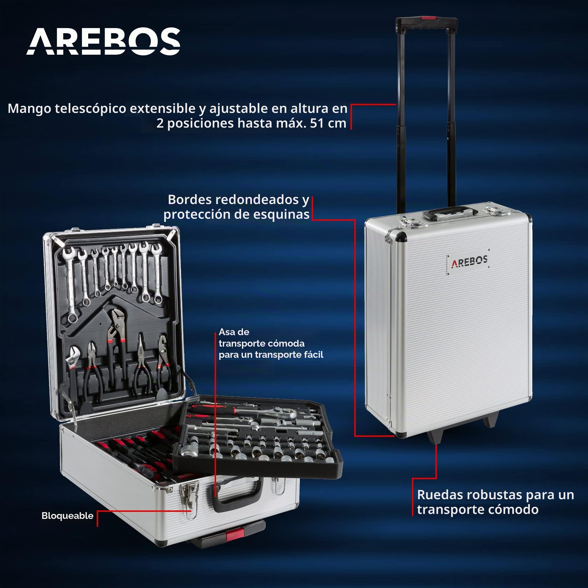Arebos maletín de herramientas 1200 piezas | set completo con ruedas | maleta de transporte portátil | kit de herramientas profesional