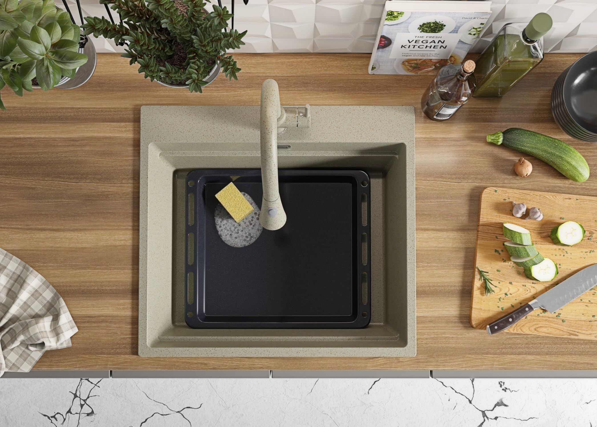 PRIMAGRAN Evier Cuisine en Granit Beige - Oslo, 58x53cm | Lavabo 1 Bac + Robinet 40x20cm + Kit d'accessoires, Évier à Encastrer au Meuble 60cm (S168)