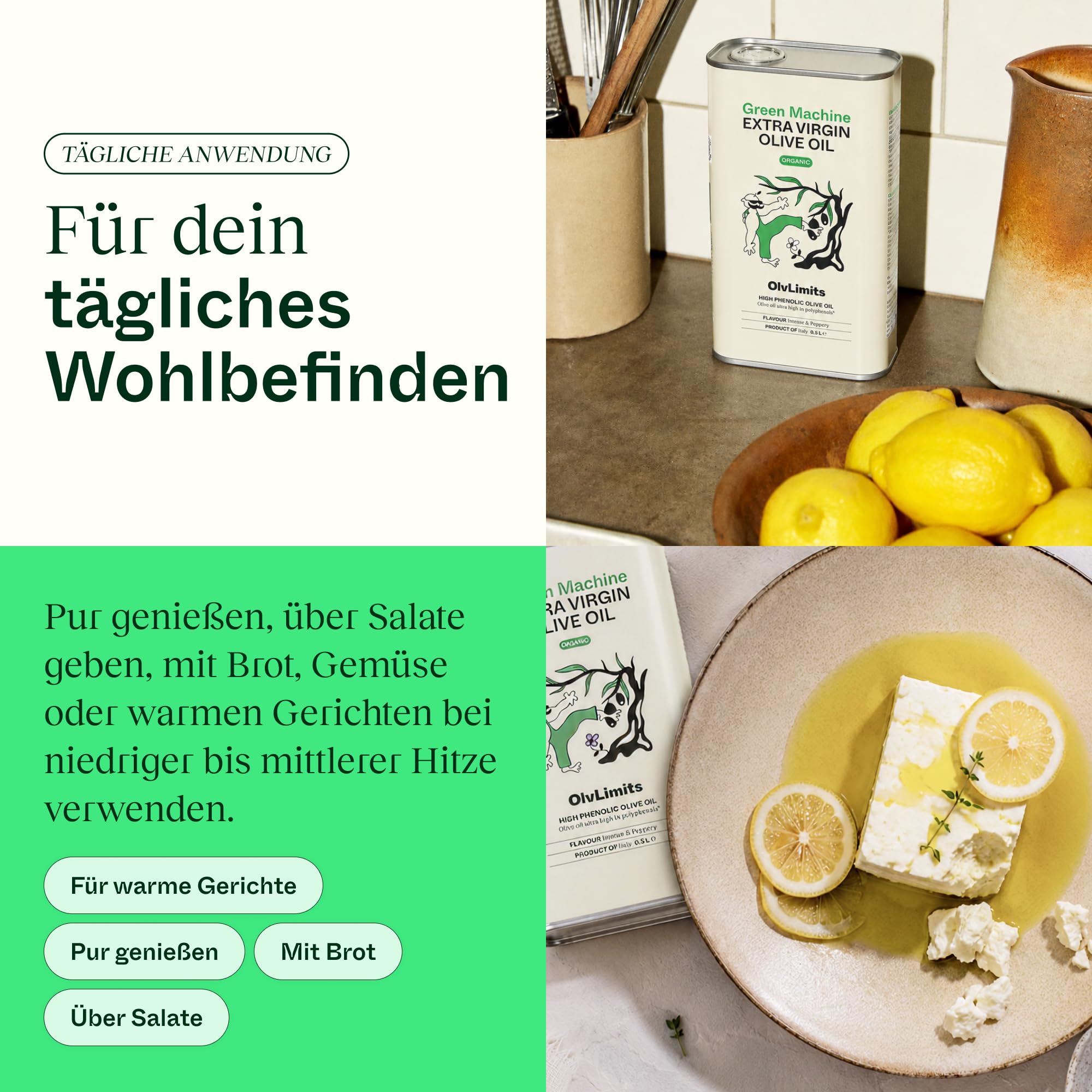Olv Limits – Green Machine Hochphenolisches Olivenöl, 500 ml | Olivenöl für Gesundheit & Langlebigkeit–1160 mg/kg Polyphenole–Laborgeprüft&Verifiziert–Italienisches Natives Olivenöl Extra