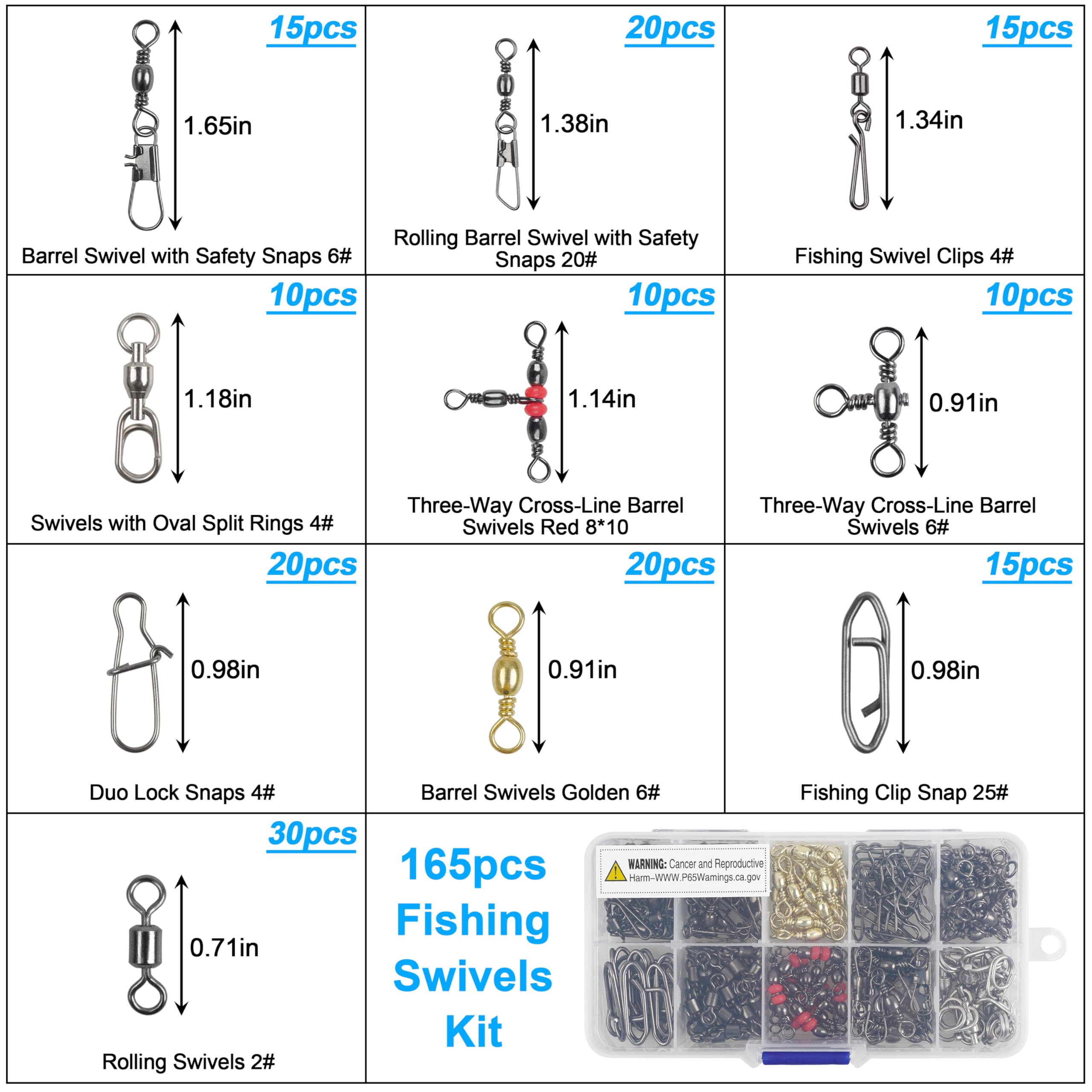 165pcs Fishing Swivels Tackle Kit Include Ball Bearing Barrel Swivels Rolling Swivel 3 Way Swivel Fishing Swivel Snaps High Strength Line Connector Fishing Accessories Set for Freshwater Saltwater