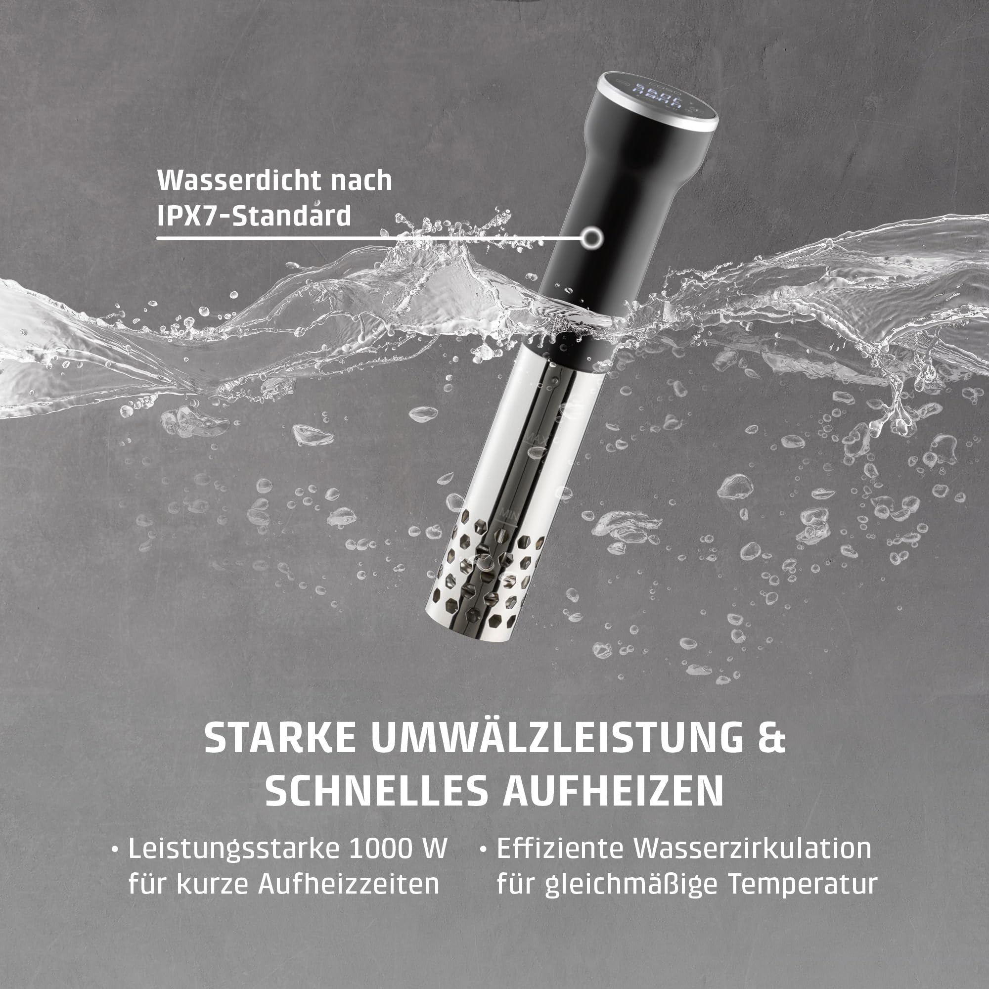 CASO SV400 Sous Vide Stick, Testsieger Haus & Garten Test für Behälter bis 20l Volumen, 25-90°C in 0,5°C Schritten, IPX7, platzsparendes Design