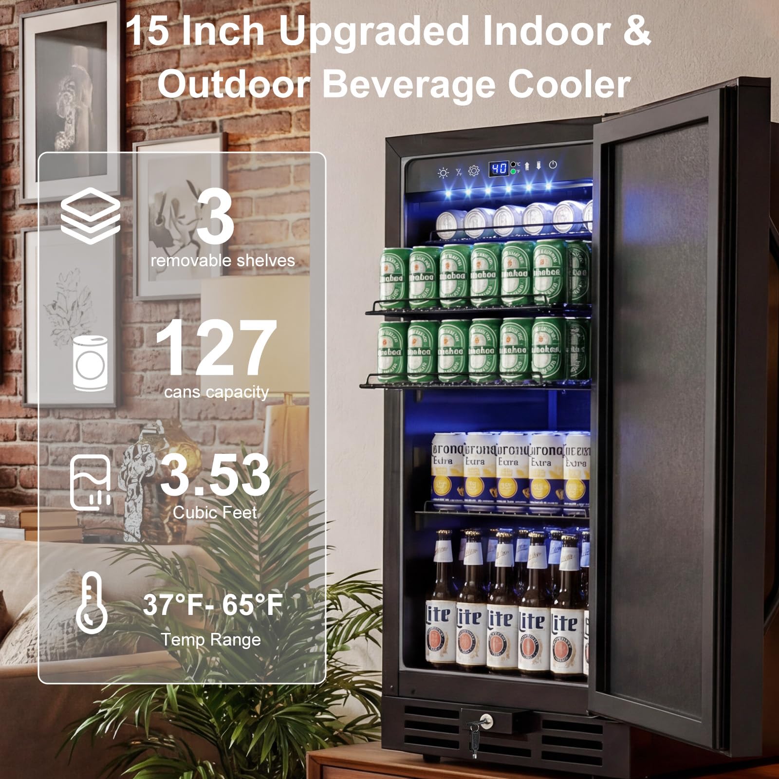 Velieta 15 Inch Beverage Cooler, 127-Can Stainless Steel Drink Refrigerator With Reversible Door, Built-In Or Freestanding Mini Fridge With Blue LED Light, Lock And Key For Indoor Outdoor Use, Black on Fridge.com - View 2