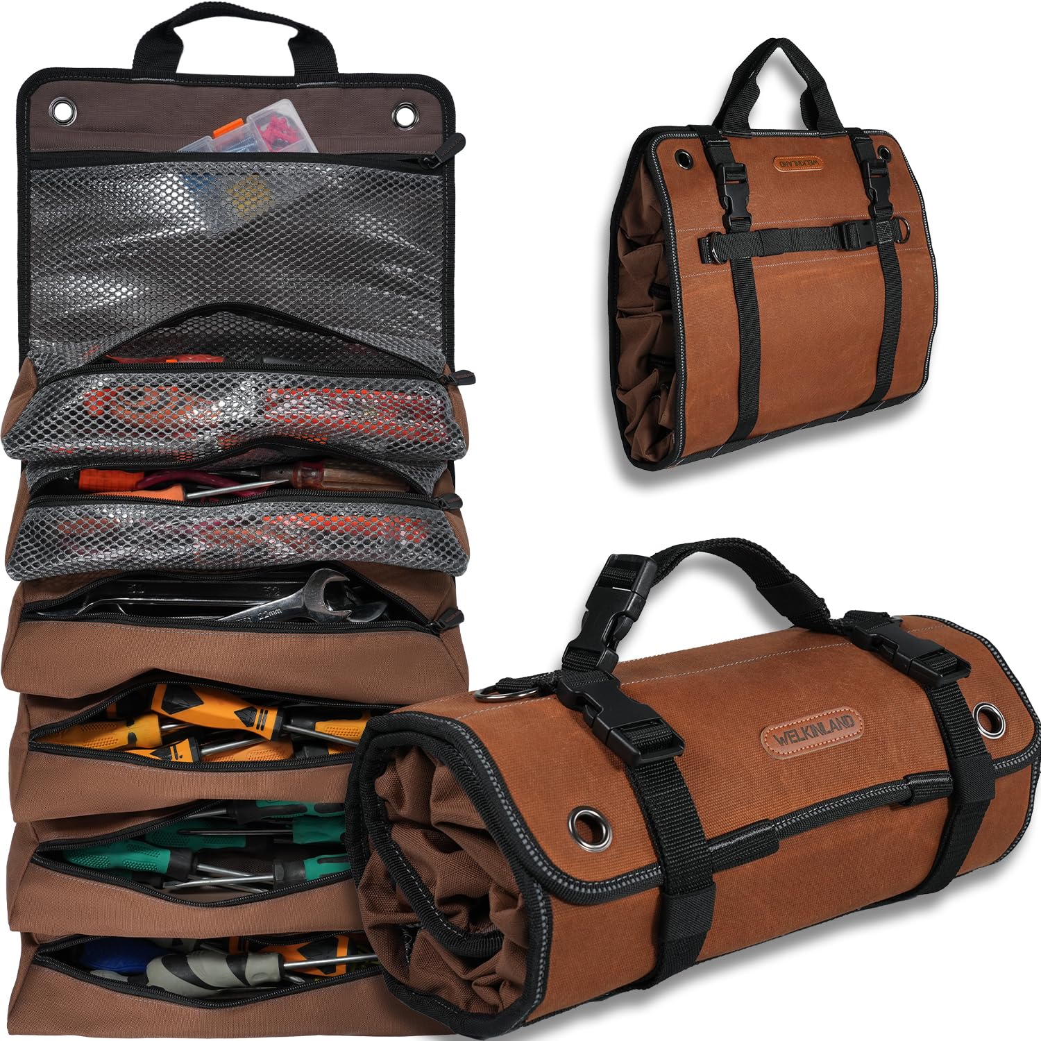 WELKINLAND Heavy-Duty Waxed Canvas Tool Roll 7-Pockets Tool Wrap Roll 15L Tool Roll Bag Large Roll Up Tool
