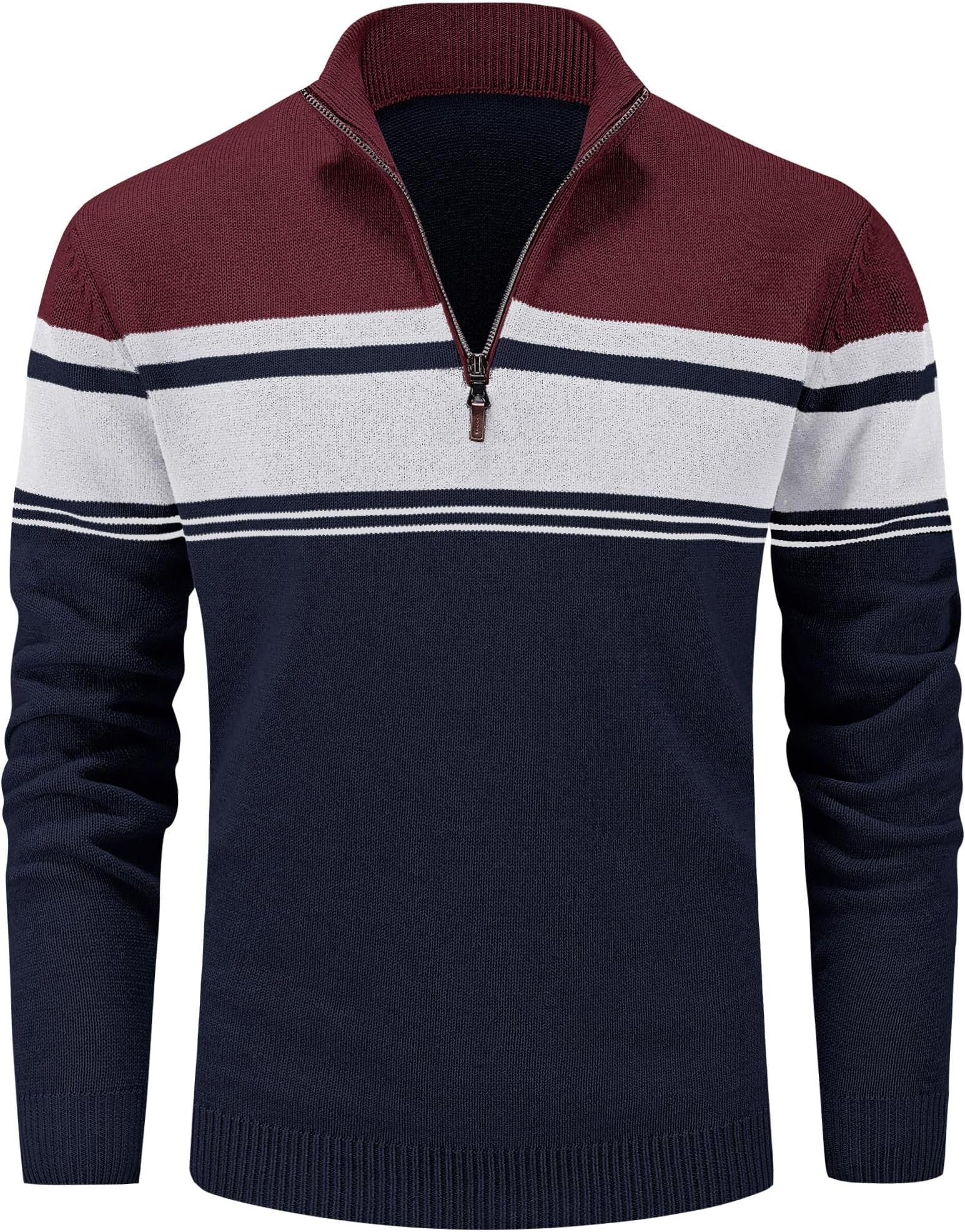 MAGCOMSEN Men's Sweaters 1/4 Zip Up Casual Striped Pullover Polo Sweaters Fall Winter Sweatshirts, Navy Wine Red, XL