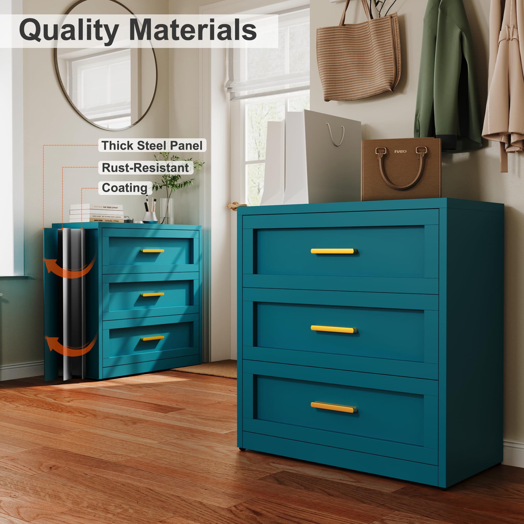 metal 3 drawer dresser Cherry MDF Engineered Wood Storage Chest with Metal Legs and Drawers