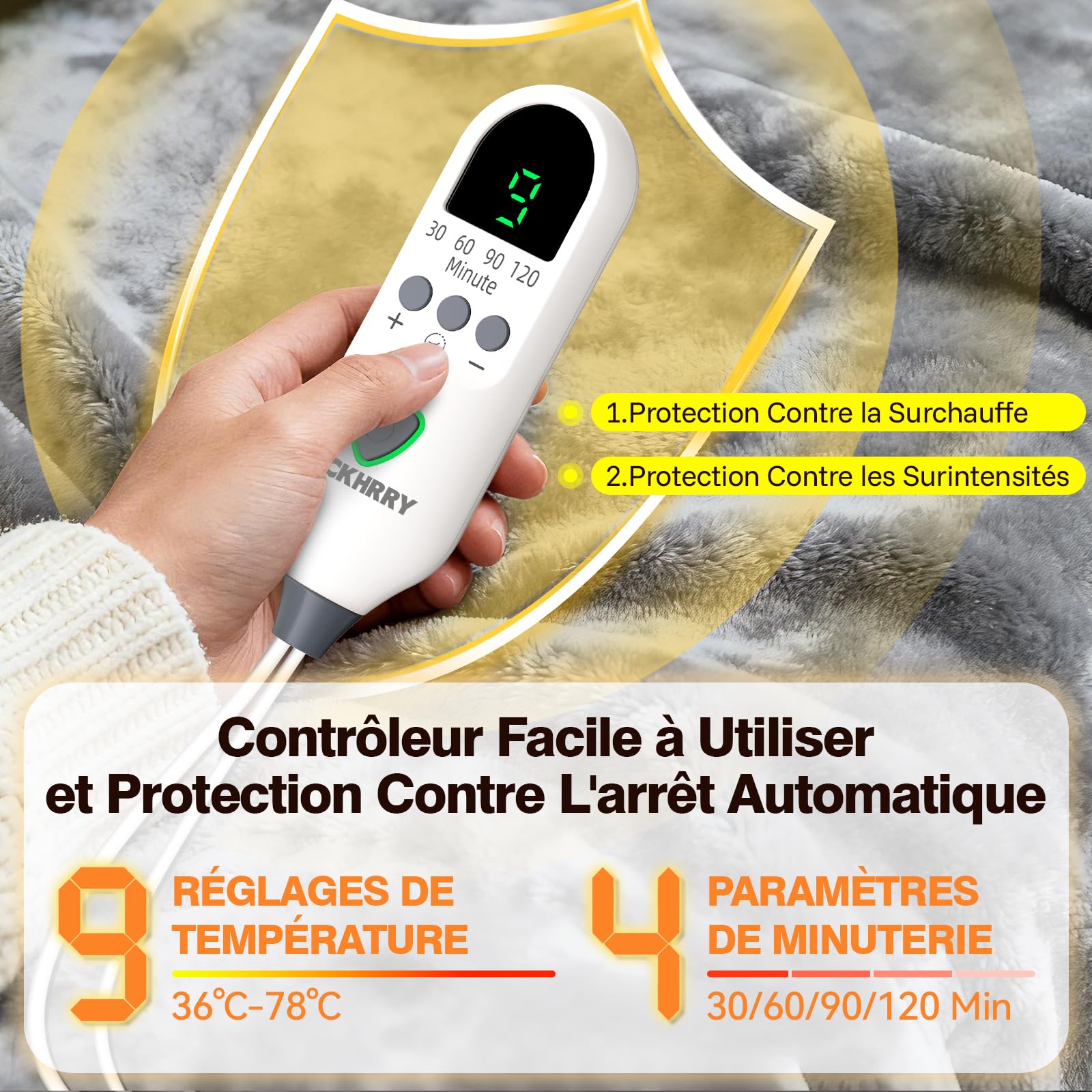 Coussin Chauffant dos Electrique Epaule et Nuque 60×100cm, 9 Niveaux de Chaleur, 4 RéGlages de Minuterie d'arrêt Automatique, Chauffage Rapide, Chauffe-dos, Flanelle, Lavable en Machine