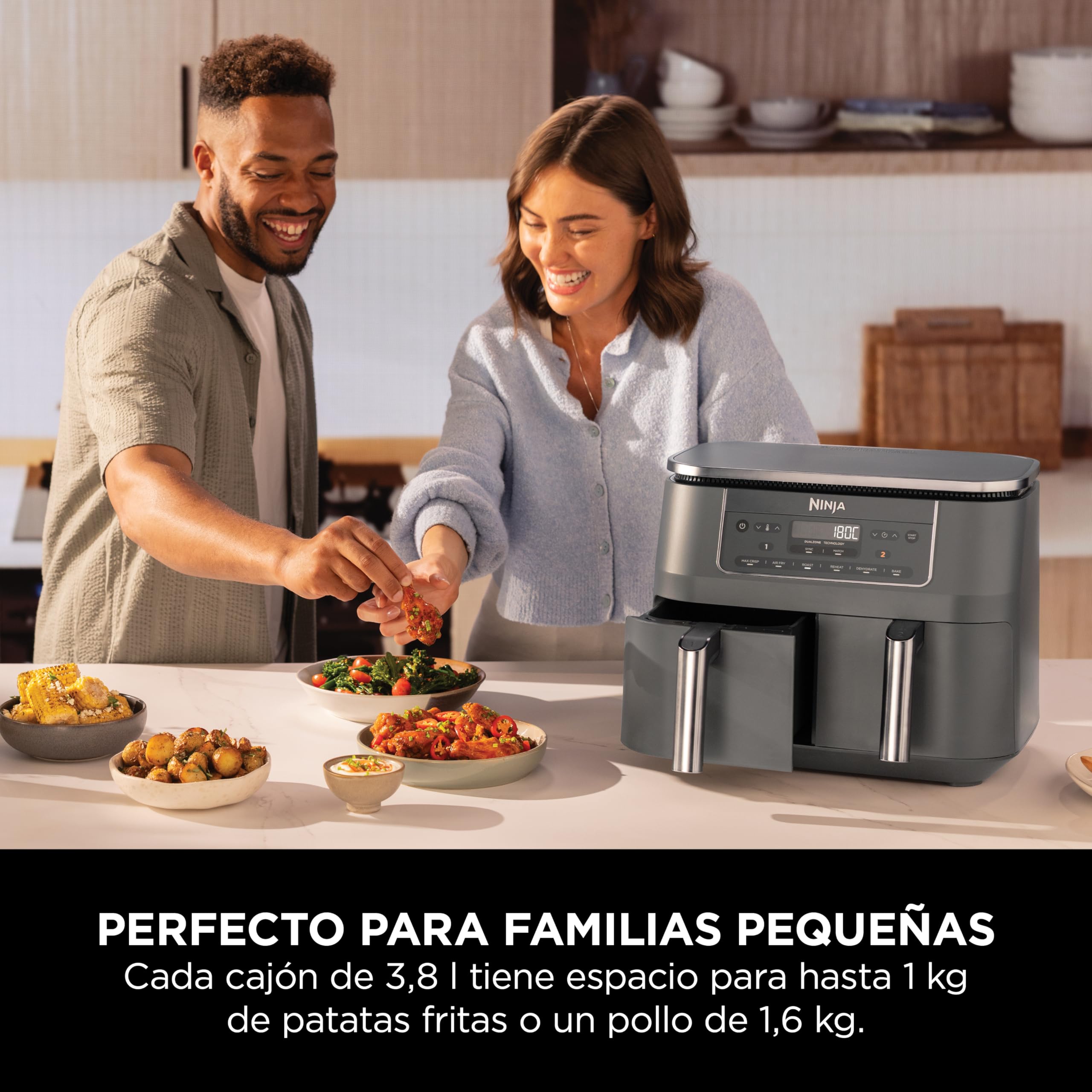 Ninja Freidora de aire con compartimento doble, 2 cajones, 7,6 l, 6 en 1, sin aceite, fríe con aire, gratina, asa, hornea, recalienta, deshidrata, cestas antiadherentes, gris metalizado DZ300EU