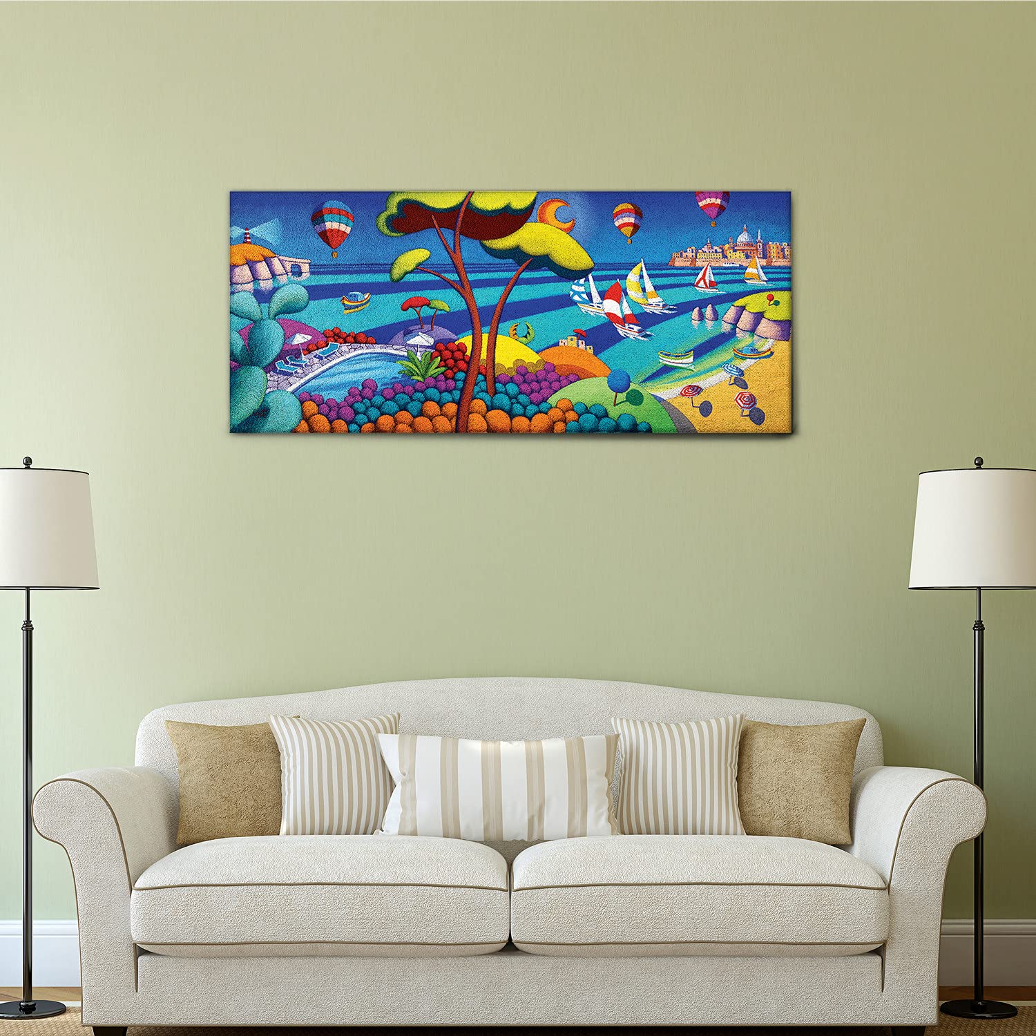 Giallobus - Quadro - Stefano Calisti - Mare d'estate con barche - Tela canvas - 140x60 - Pronto da appendere - Quadri moderni per la casa