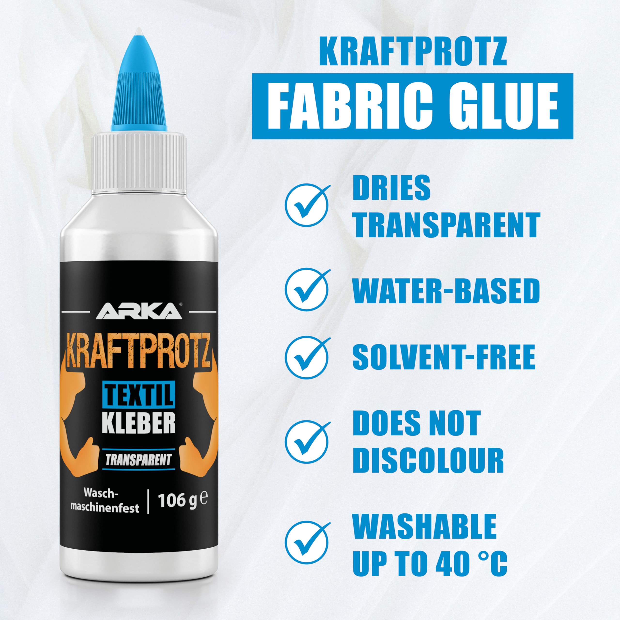 Colla tessuti 105 g – incolla invece di cucire: flessibile, lavabile e trasparente – per stoffa, jeans, pelle, decorazioni e fai da te – senza solventi – riparazioni tessili rapide – KRAFTPROTZ ARKA