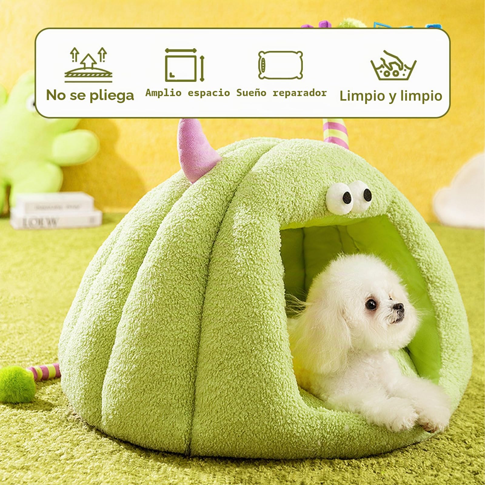 Galatée Cama Cueva para Gatos, Cálida Casa Cueva para Dormir para Gatos y Perros, Cama De Felpa Suave para Perros, Iglú para Perros, Linda Tienda De Campaña De Dibujos Animados para Gatos(M, Verde)