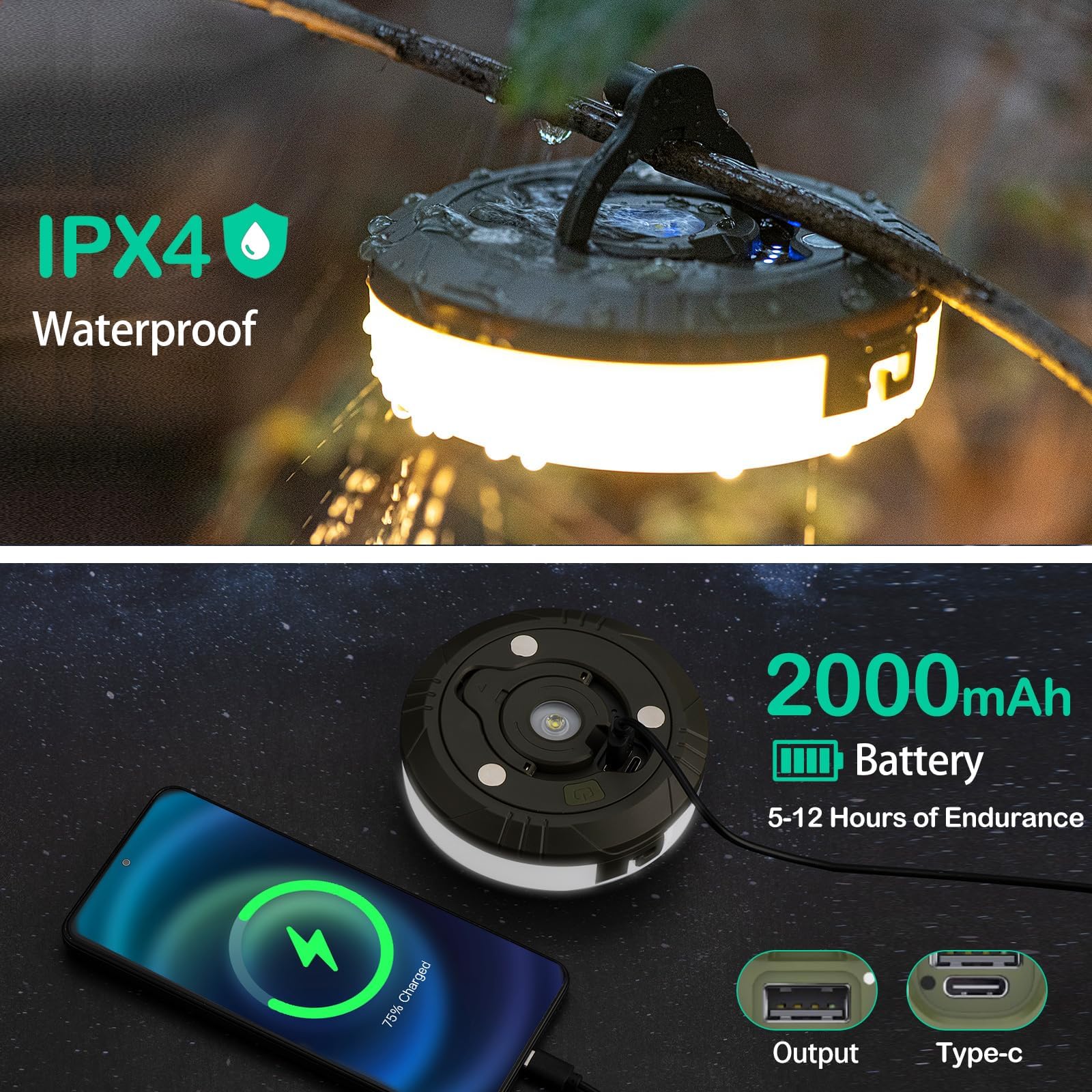 2er-Pack Camping-Lichterkette – 4-in-1 Outdoor-Camping-Laterne mit 8 Beleuchtungsmodi (100 cm), schnelle 30-Sekunden-Erholung, wasserdicht, Typ-C-Schnellladung, tragbare Camping-Lichter für