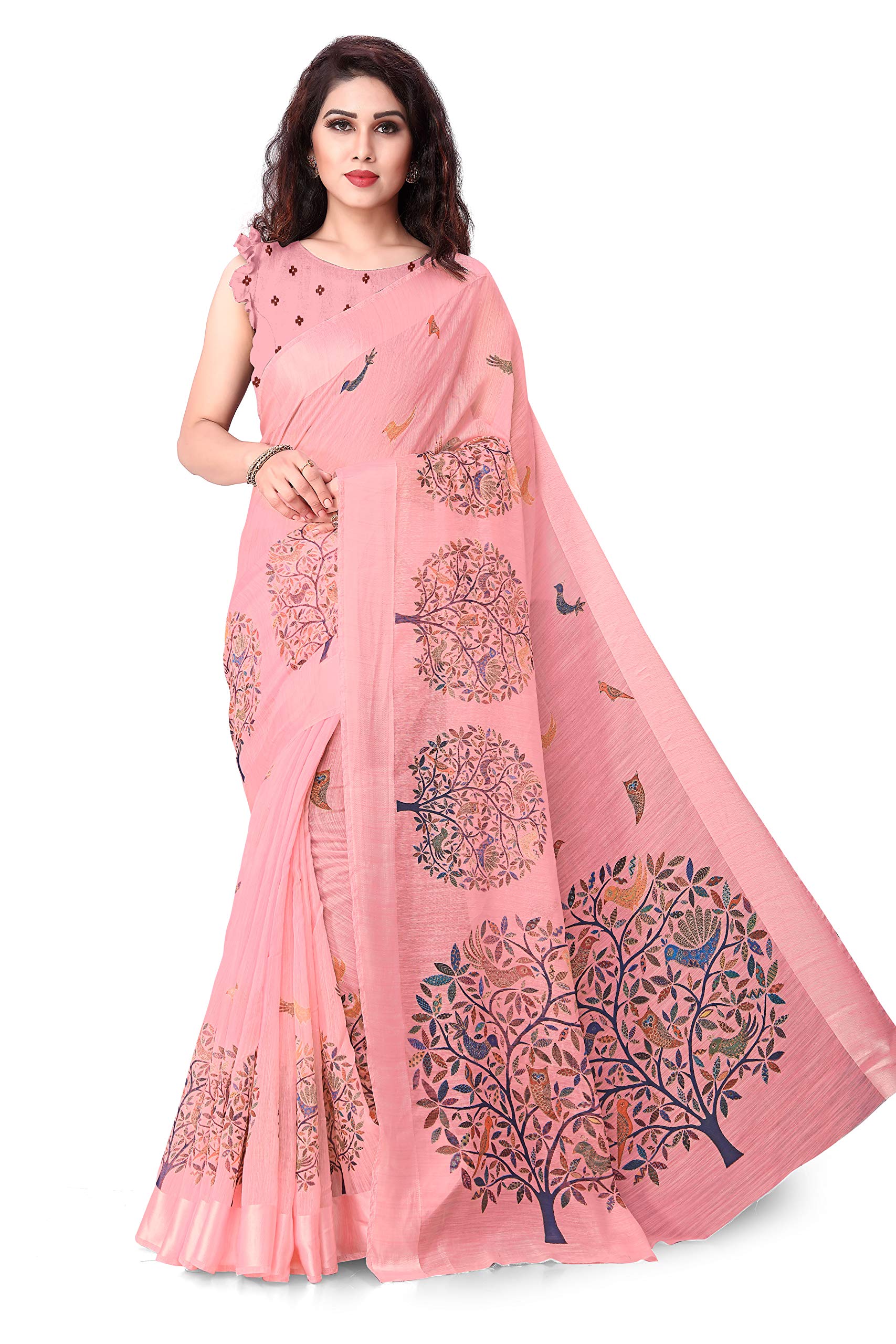 SOURBH Cotton Blend Fancy Madhubani Prints Sari For Women With Blouse Piece