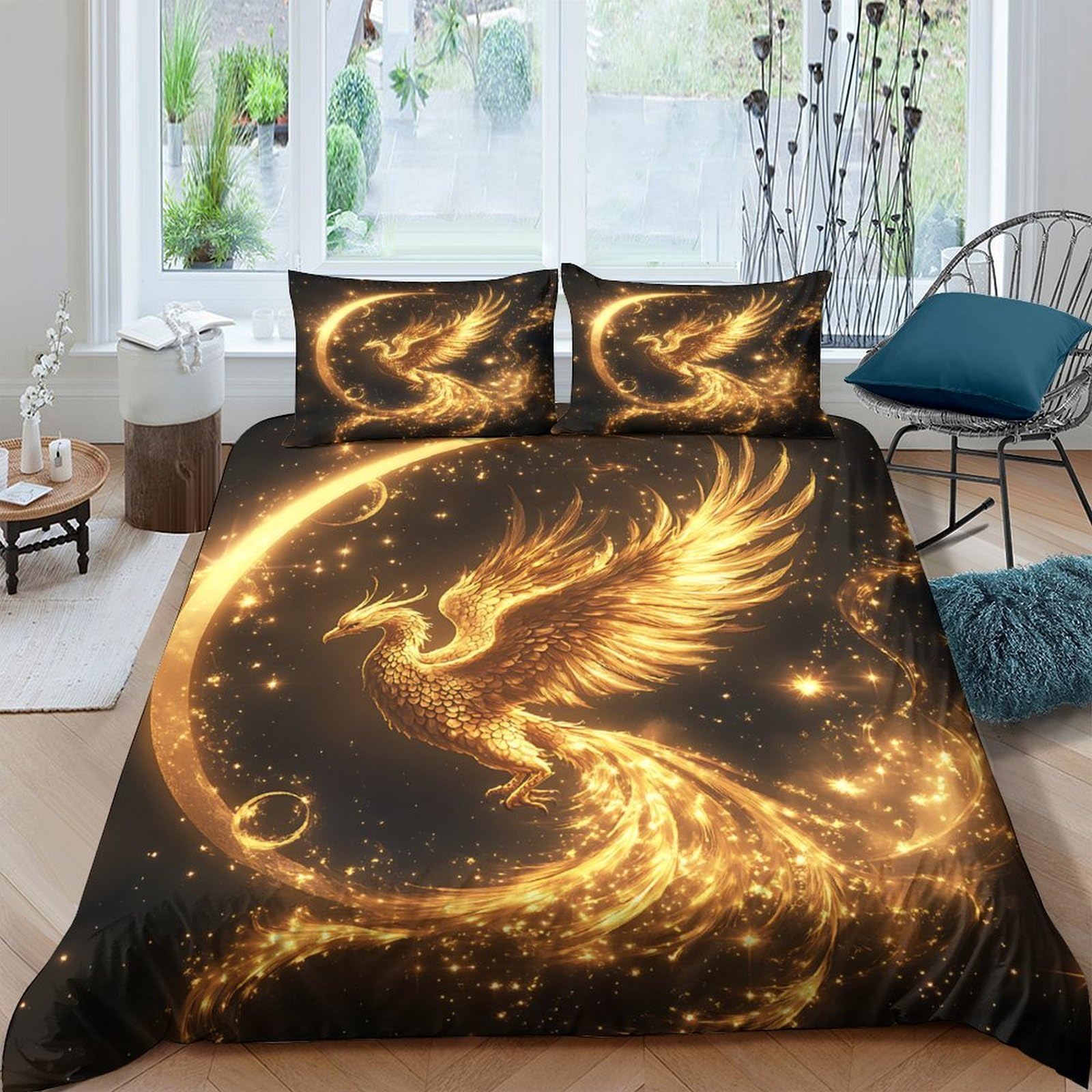 Ctjqhvkz Style-6 3D Printed Golden Phoenix Fitted Sheet Microfiber Soft Breathable Fire Bird Mattress Cover For Bedroom Dorm Decor Single（135X200cm）