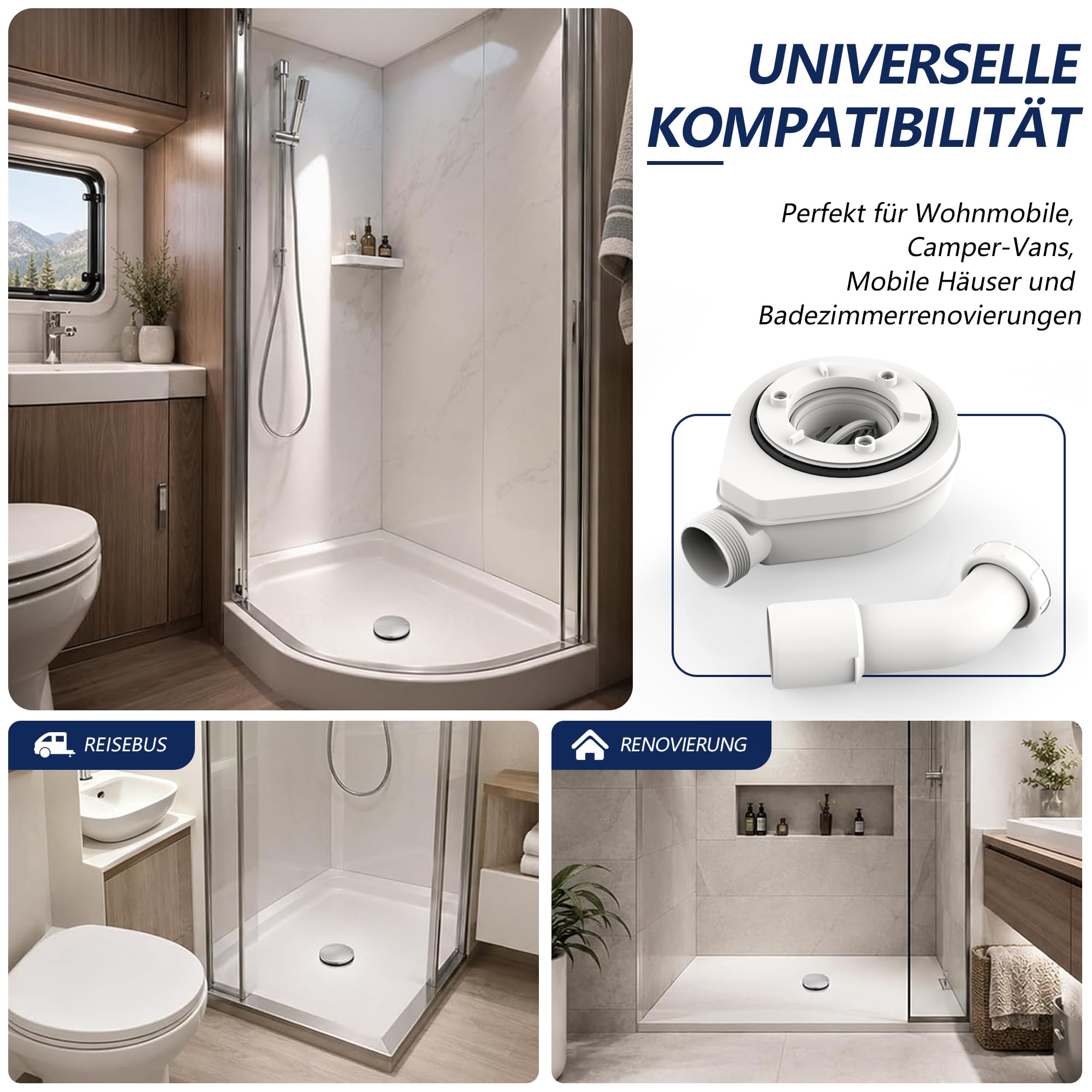 Ablaufgarnitur für Dusche & Badewanne - Duschablauf Flach - Garnitur für Duschablauf & Badewannenablauf mit Geruchsstop - Duschabfluss & Badewannenabfluss mit Chrom Abdeckung 06