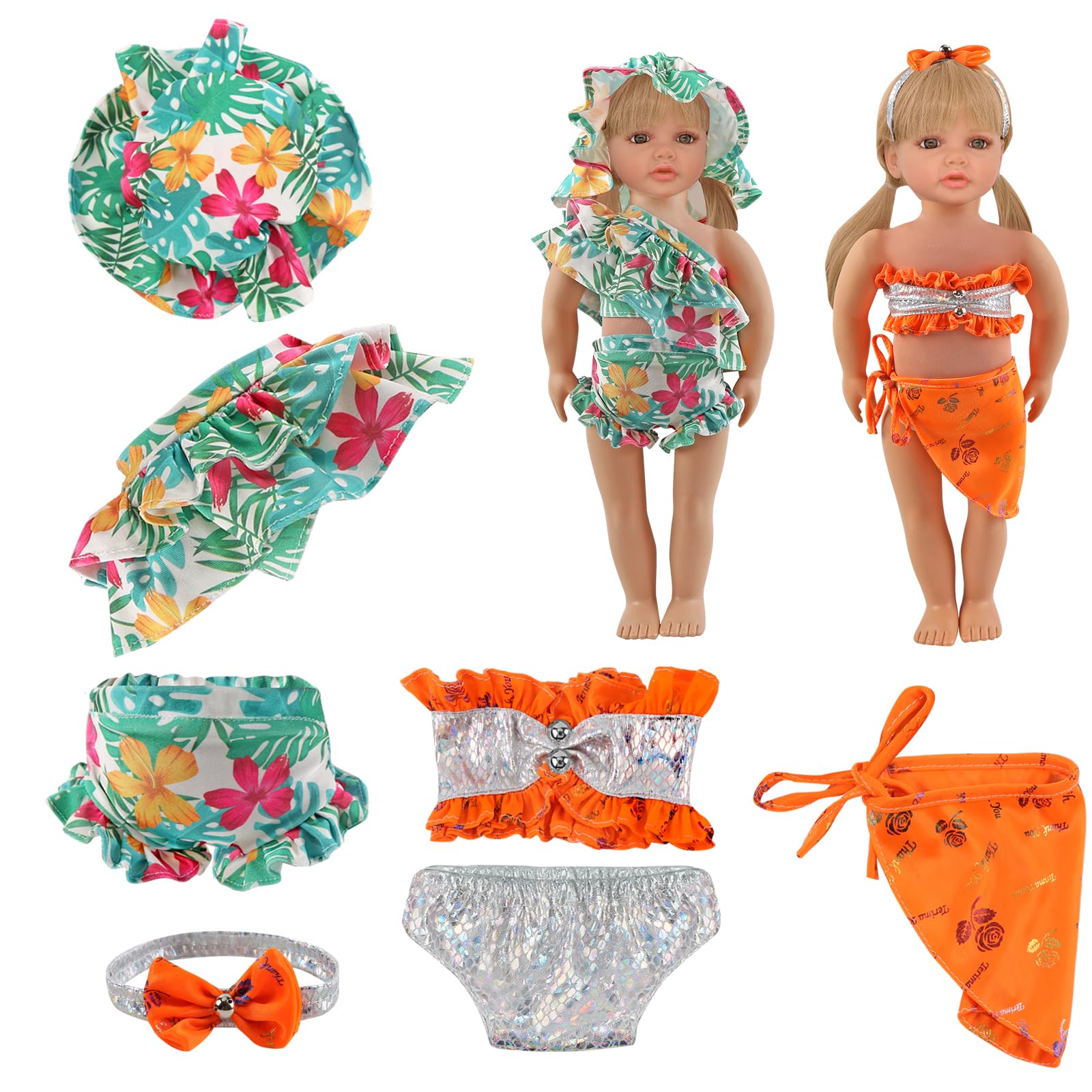 4 PCS Swimming Doll Clothes Set including Bikini Swimsuits, Doll Clothes and Accessories for 14-16 Inch Girl Dolls