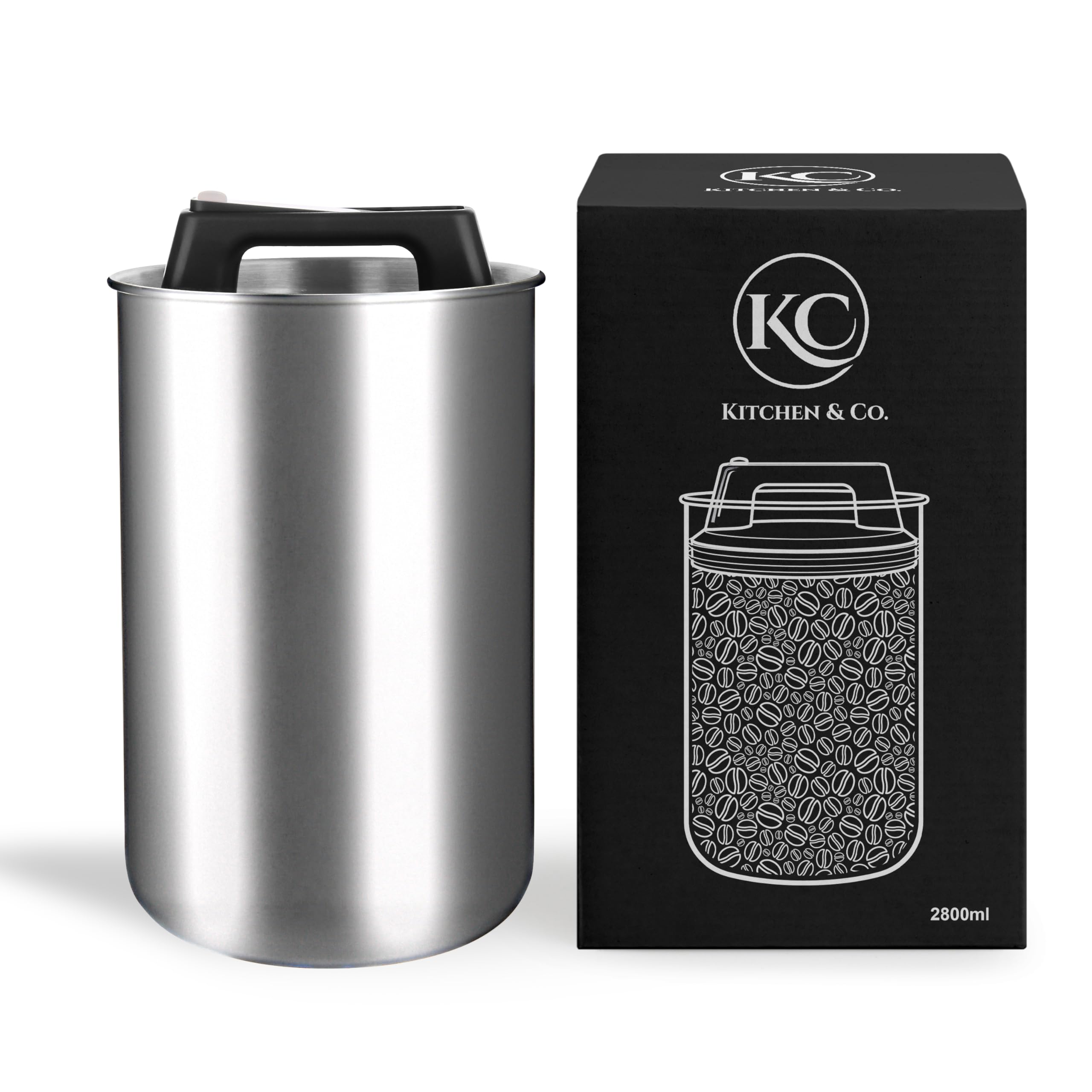 KC Kitchen & Co. Airtight 1kg Coffee Bean Jar, Stainless Steel Jar with Vacuum Lid and Aroma Cap